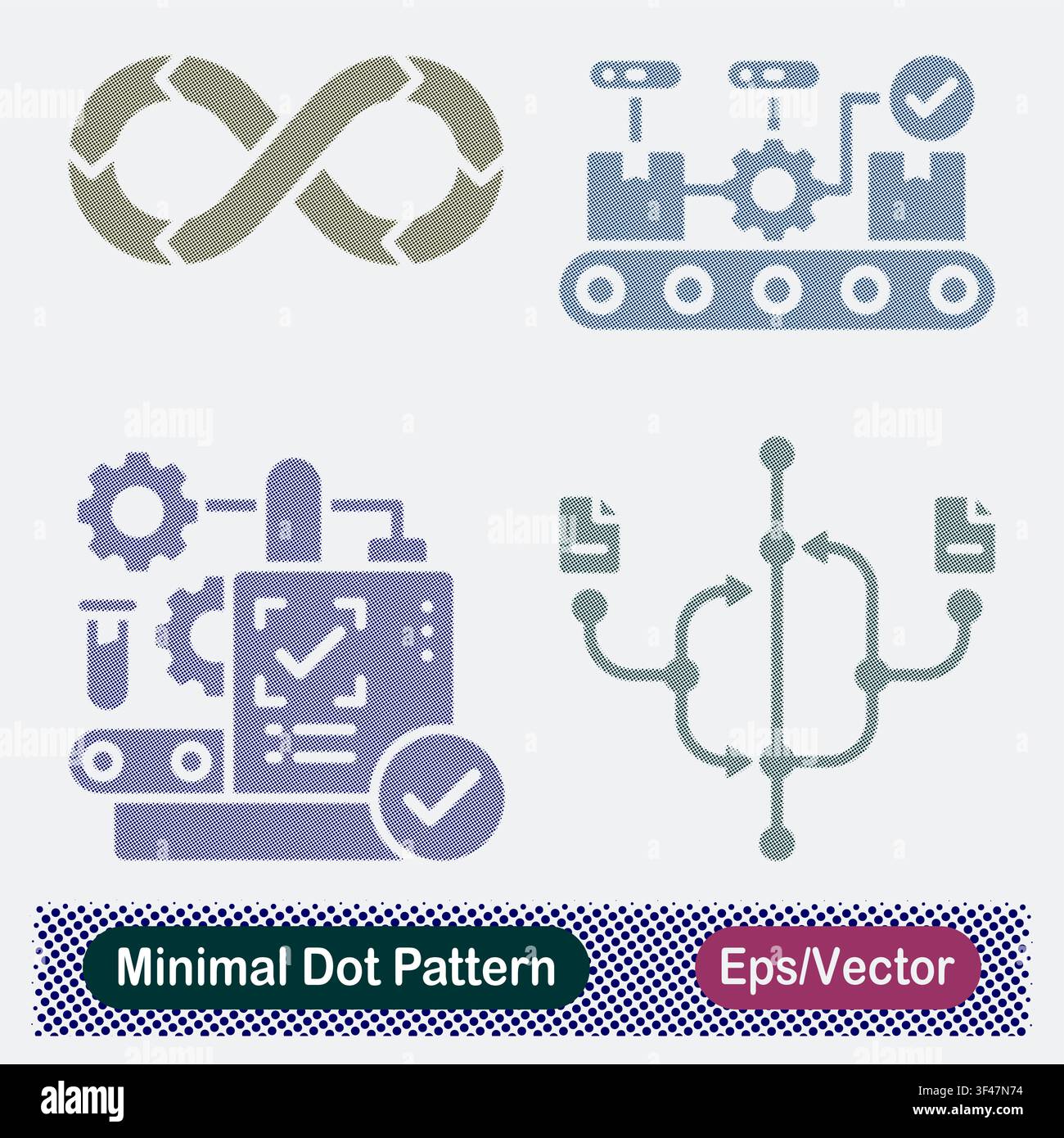 Minimal Dot Pattern DevOps Infinity Loop, Automated Conveyor Belt Assembly, Quality Control Manufacturing Line, and Git Branching Data Flow Vector Stock Vector