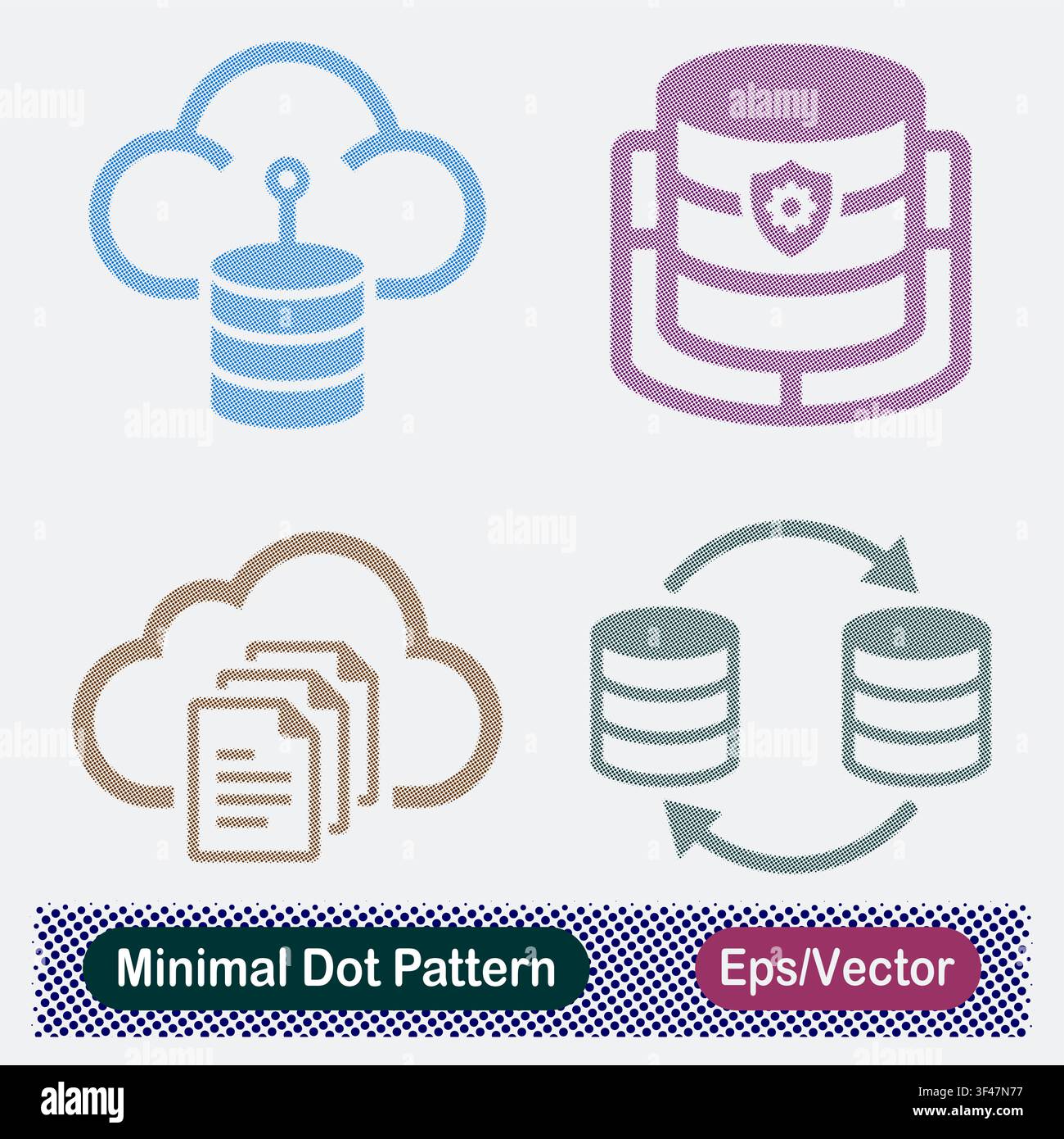 Minimal Dot Pattern Cloud Database Node, Secure Shield Server Cylinder, Cloud Document Files Storage, and Dual Database Sync Vector Icons Set Stock Vector