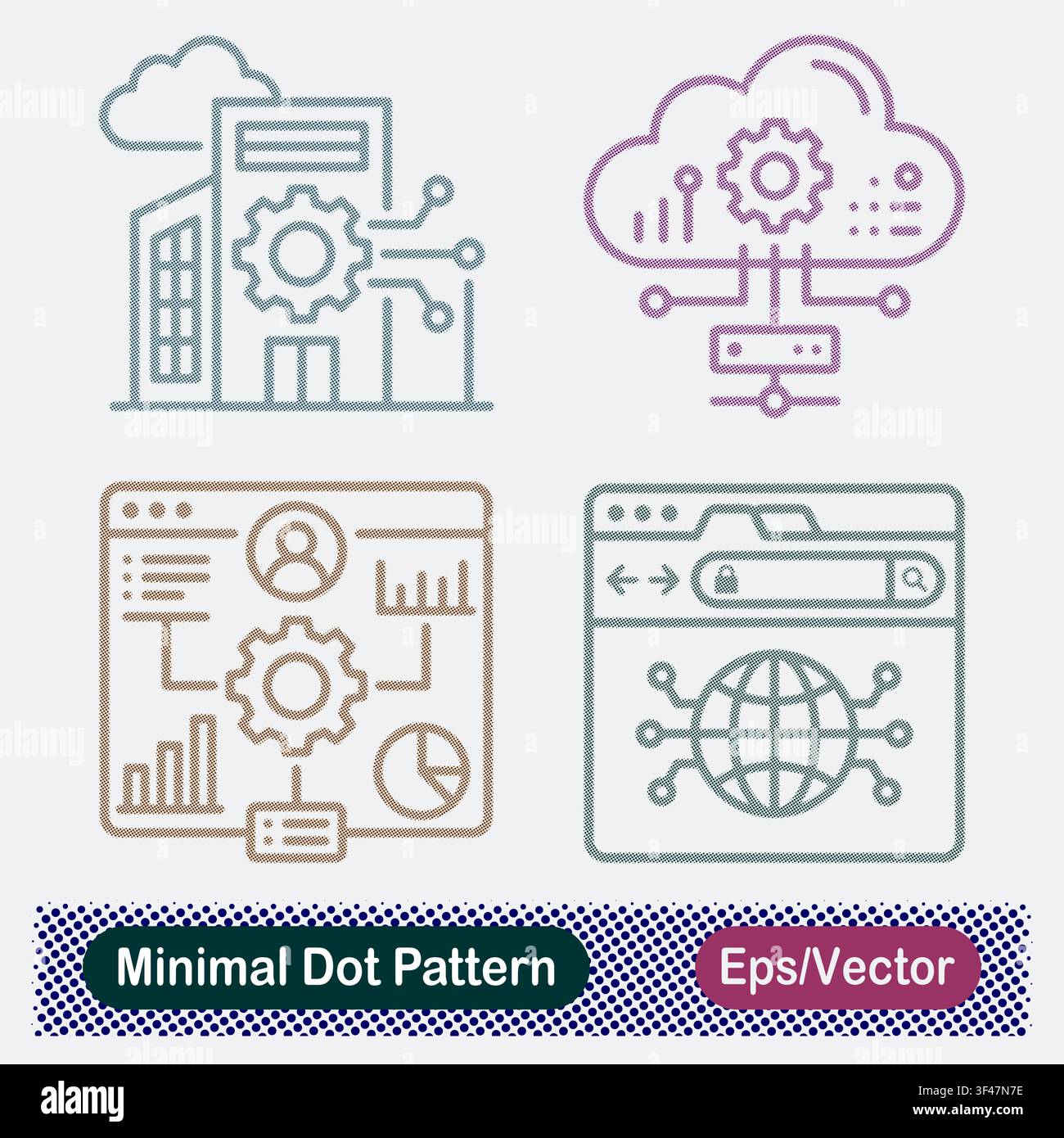 Minimal Dot Pattern Smart Building Enterprise Gear, Cloud Server Integration, User Analytics Dashboard, and Secure Web Network Browser Vector Icons Se Stock Vector