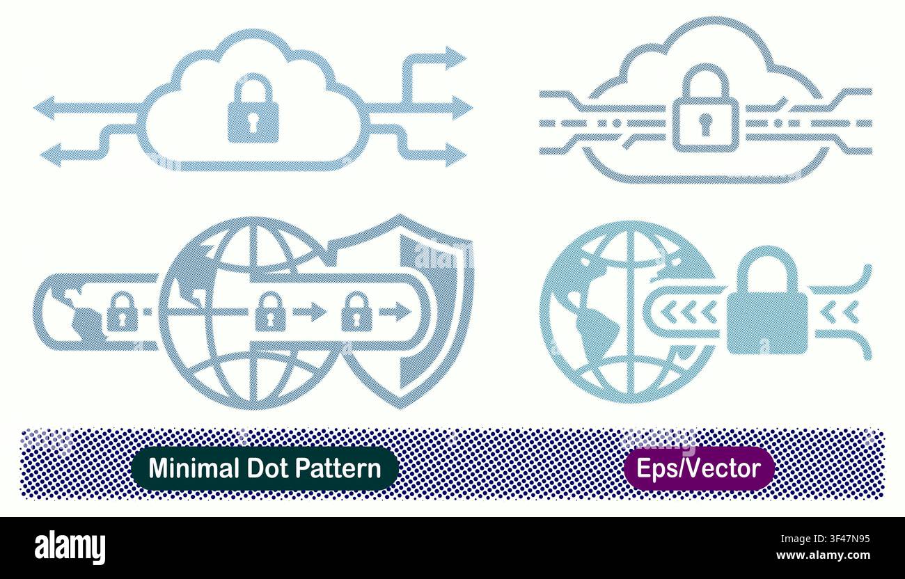 Minimal Dot Pattern Secure Cloud Routing, Encrypted Cloud Highway, Global Encrypted Tunnel Shield, and Worldwide Data Lock Stream Vector Icons Set Stock Vector