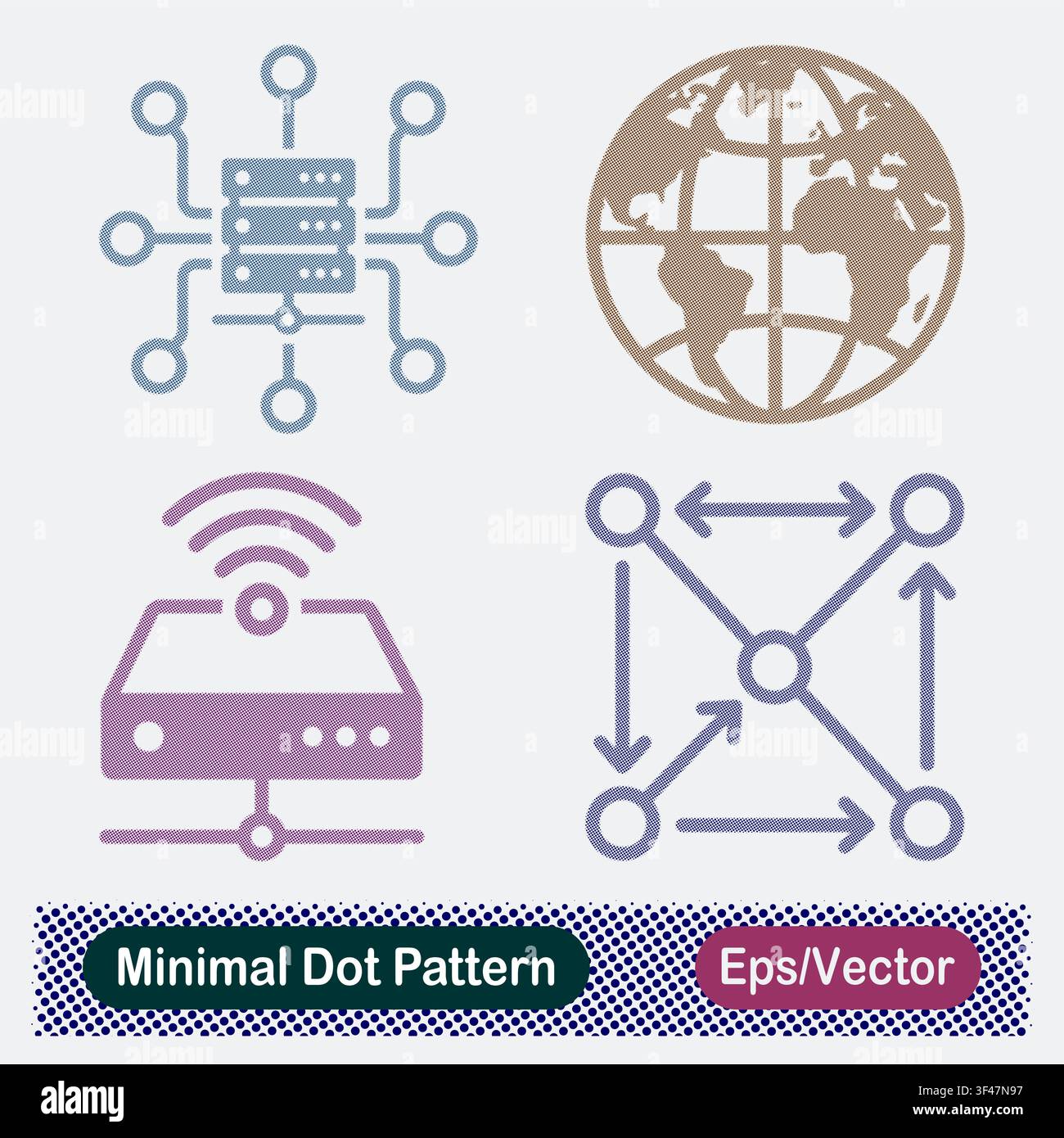 Minimal Dot Pattern Central Server Hub, Global Earth Network, Wireless Modem Router, and Peer to Peer Node Mesh Vector Icons Set Stock Vector
