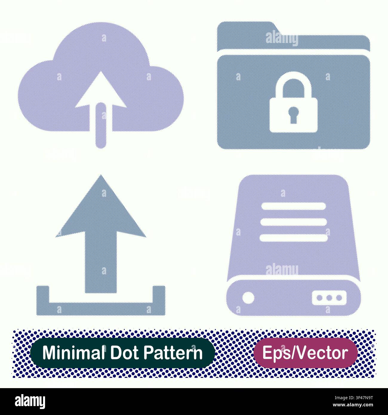 Minimal Dot Pattern Cloud Upload Arrow, Encrypted Folder Lock, Data Export Upload Symbol, and External Hard Drive Storage Vector Icons Set Stock Vector