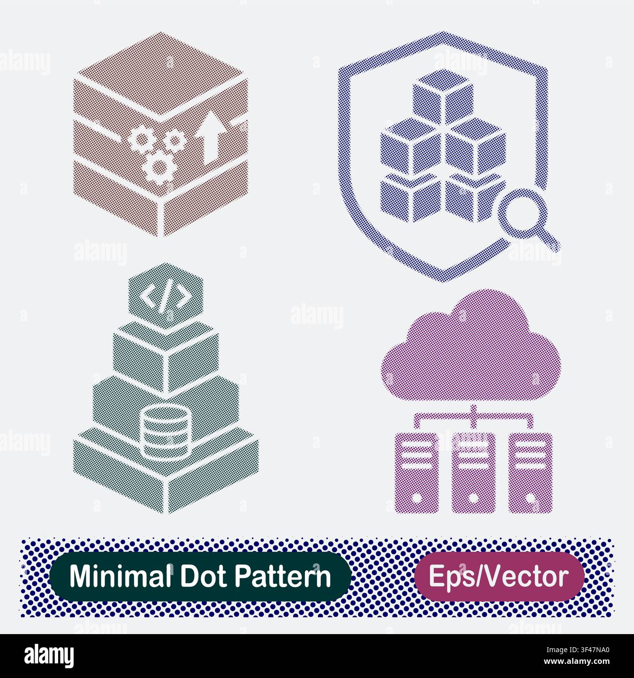 Minimal Dot Pattern Database Server Gears, Data Block Audit Shield, Code Software Stack, and Cloud Server Network Vector Icons Set Stock Vector