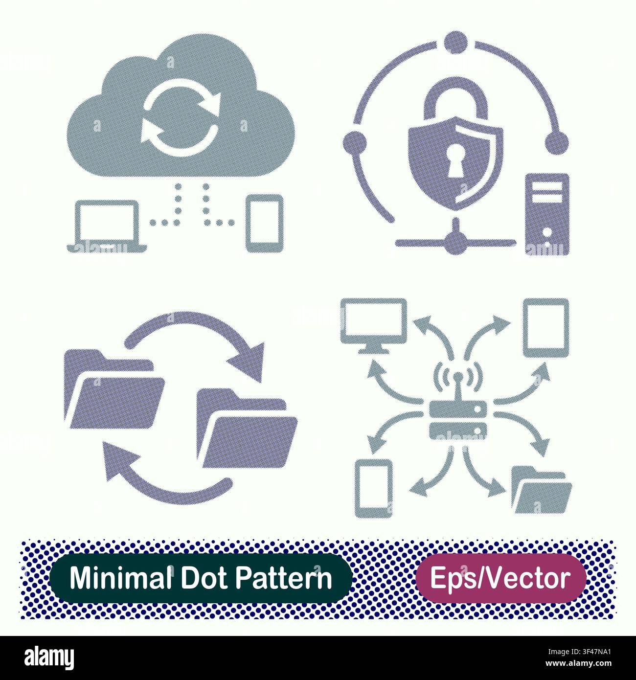 Minimal Dot Pattern Cross Device Cloud Sync, Server Network Security Shield, Folder Data Transfer, and Central Router Device Hub Vector Icons Set Stock Vector