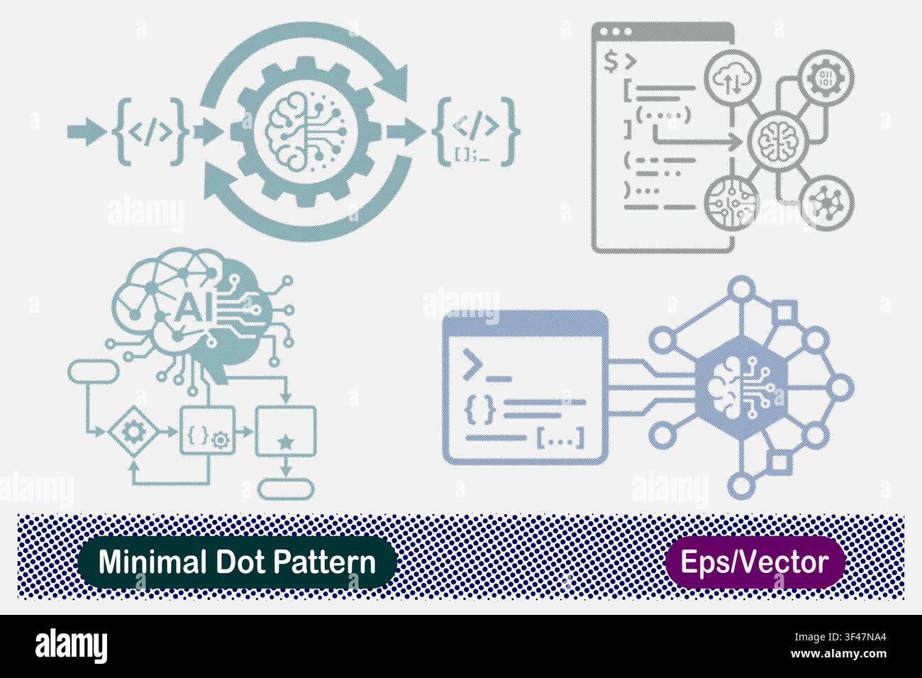 Minimal Dot Pattern AI Code Generation Gear, Program Terminal AI Hub, AI Brain Algorithm Flowchart, and Neural Code Integration Vector Icons Set Stock Vector