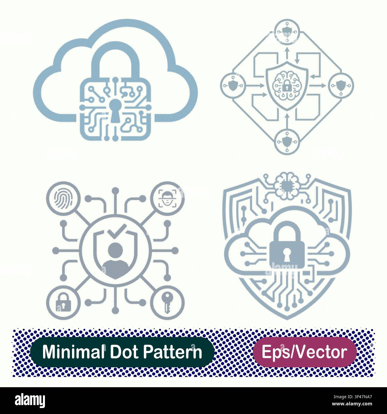 Minimal Dot Pattern Circuit Cloud Padlock, AI Brain Shield Diamond Network, Multi Factor Identity Hub, and AI Cloud Security Shield Vector Icons Set Stock Vector