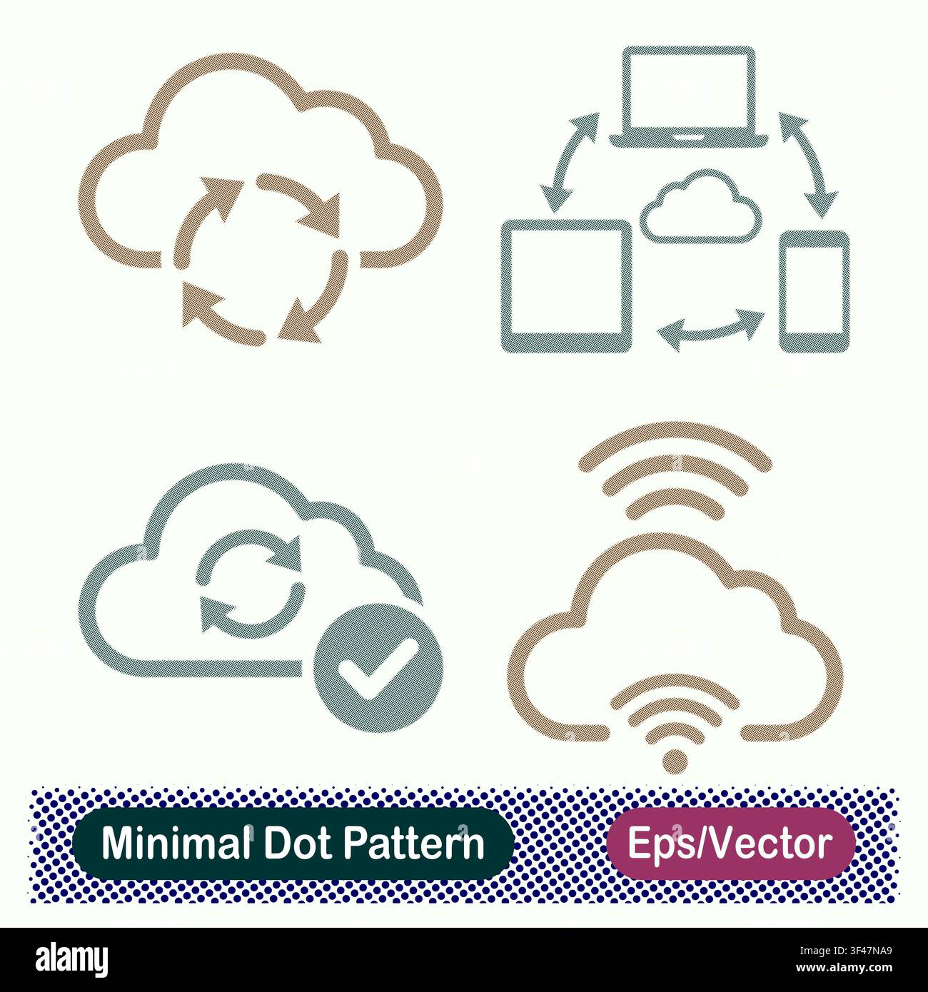 Minimal Dot Pattern Cloud Processing Sync, Cross Platform Cloud Sync, Verified Cloud Refresh, and Wireless Cloud Signal Vector Icons Set Stock Vector