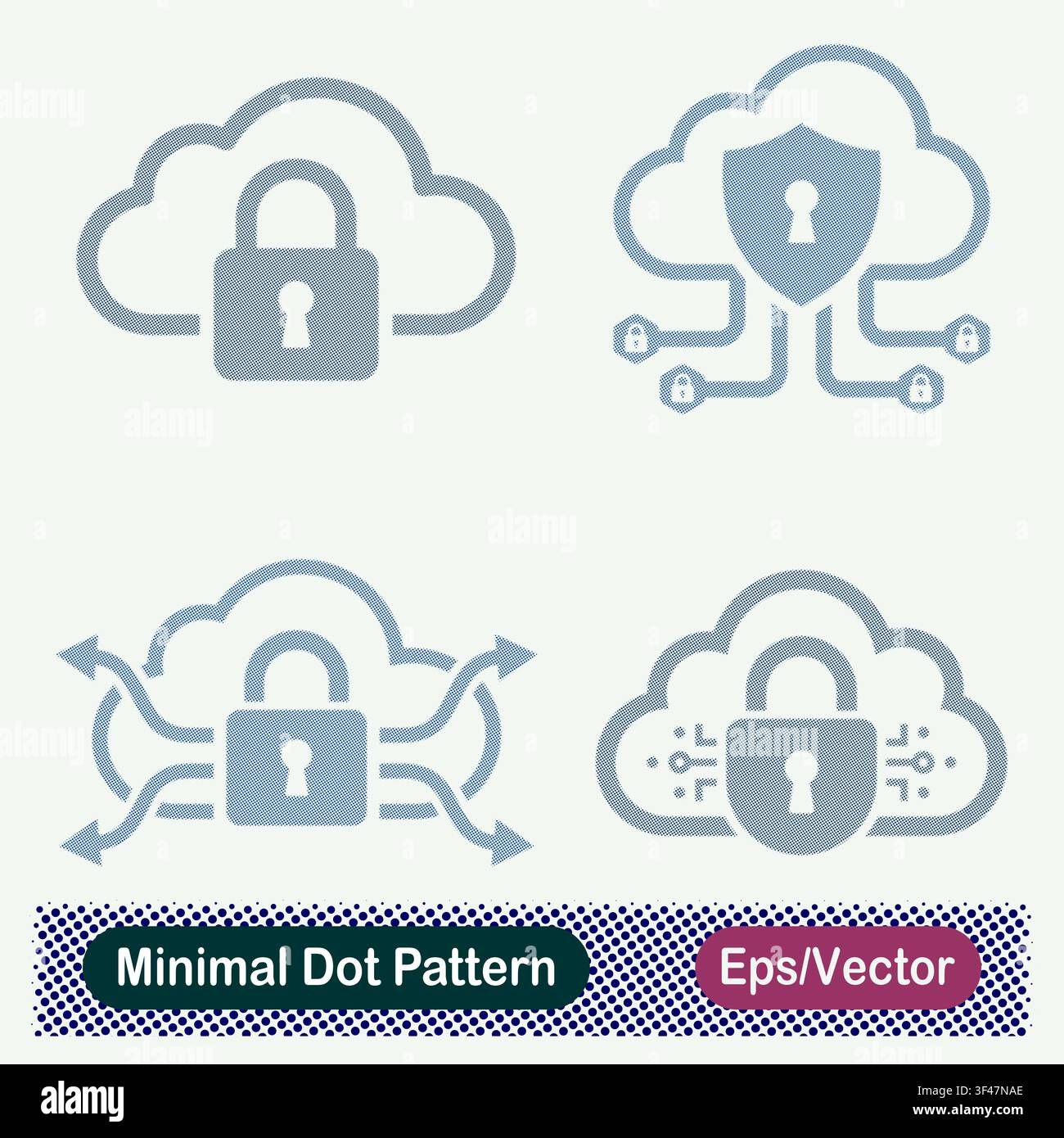 Minimal Dot Pattern Secure Cloud Padlock, Cloud Network Shield, Cloud Data Transfer Lock, and Circuit Cloud Encryption Vector Icons Set Stock Vector
