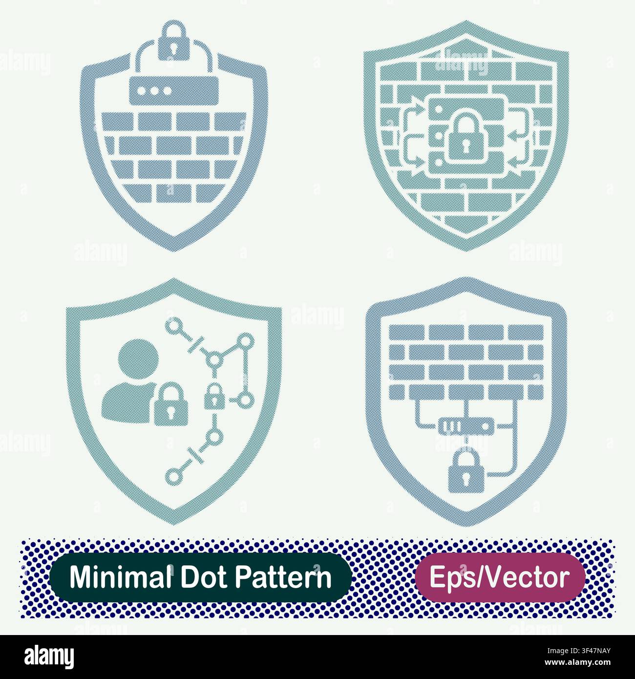 Minimal Dot Pattern Server Brick Firewall Shield, Locked Server Database Shield, User Network Node Shield, and Firewall Network Lock Vector Icons Set Stock Vector