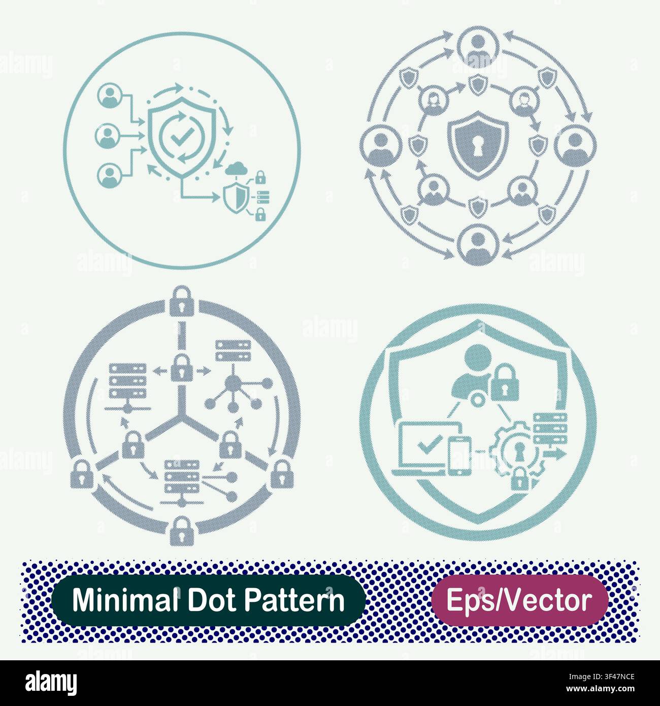 Minimal Dot Pattern Multi User Access Shield, Concentric User Network Security, Distributed Server Lock Ring, and Enterprise Protection Shield Vector Stock Vector