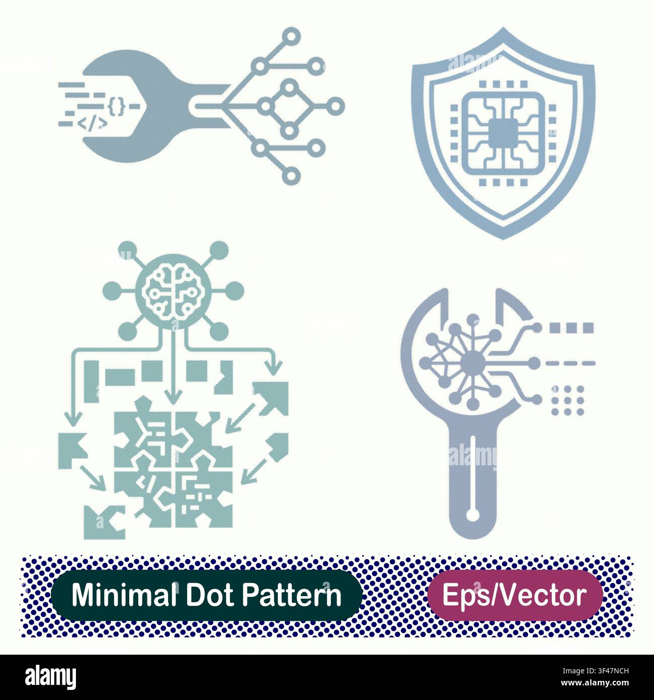 Minimal Dot Pattern Code Maintenance Wrench, Hardware Processor Security Shield, AI Brain Puzzle Network, and Tech Tool Vector Icons Set Stock Vector