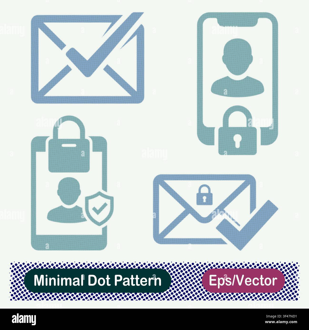 Minimal Dot Pattern Verified Mail Envelope, Locked Smartphone Profile, Secure User Phone Shield, and Encrypted Checkmark Email Vector Icons Set Stock Vector