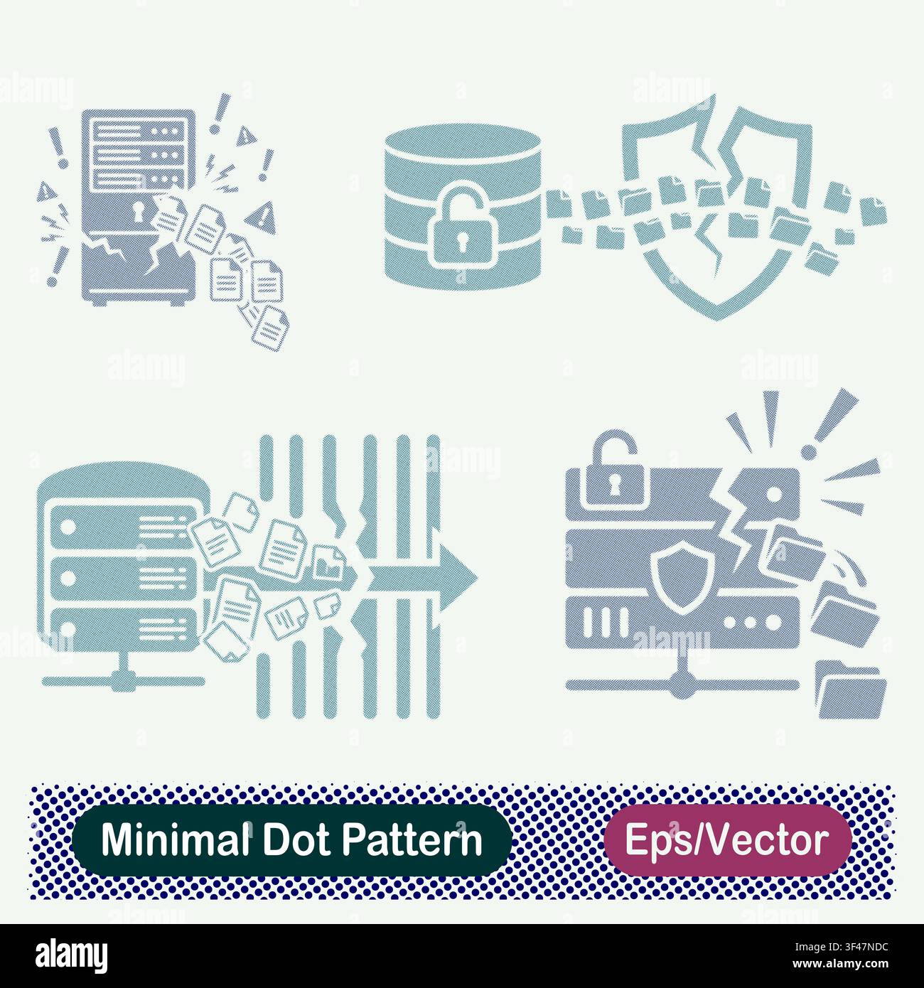 Minimal Dot Pattern Server Data Breach Leak, Database Shield Breach Leakage, and Cracked Server Security Vulnerability Vector Icons Set Stock Vector