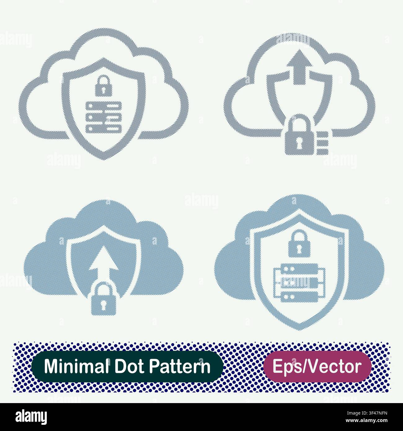 Minimal Dot Pattern Secure Cloud Server Shield, Encrypted Cloud Upload Padlock, and Protected Database Network Cloud Vector Icons Set Stock Vector