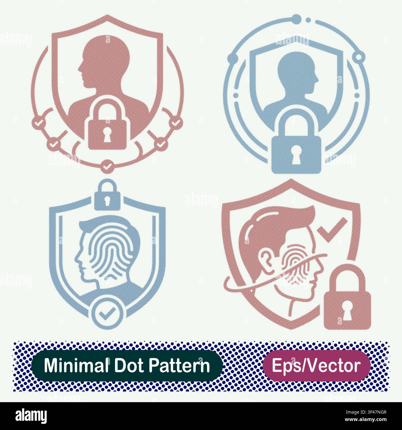 Minimal Dot Pattern Verified User Profile Lock Shield, Network Security Identity Shield, Biometric Fingerprint Profile Shield, and Facial Biometric Stock Vector