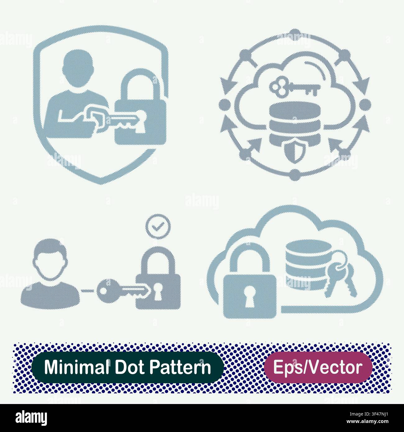 Minimal Dot Pattern User Key Access Protection Shield, Cloud Database Encryption Key Network Ring, Verified User Unlock Access Control, and Cloud Data Stock Vector