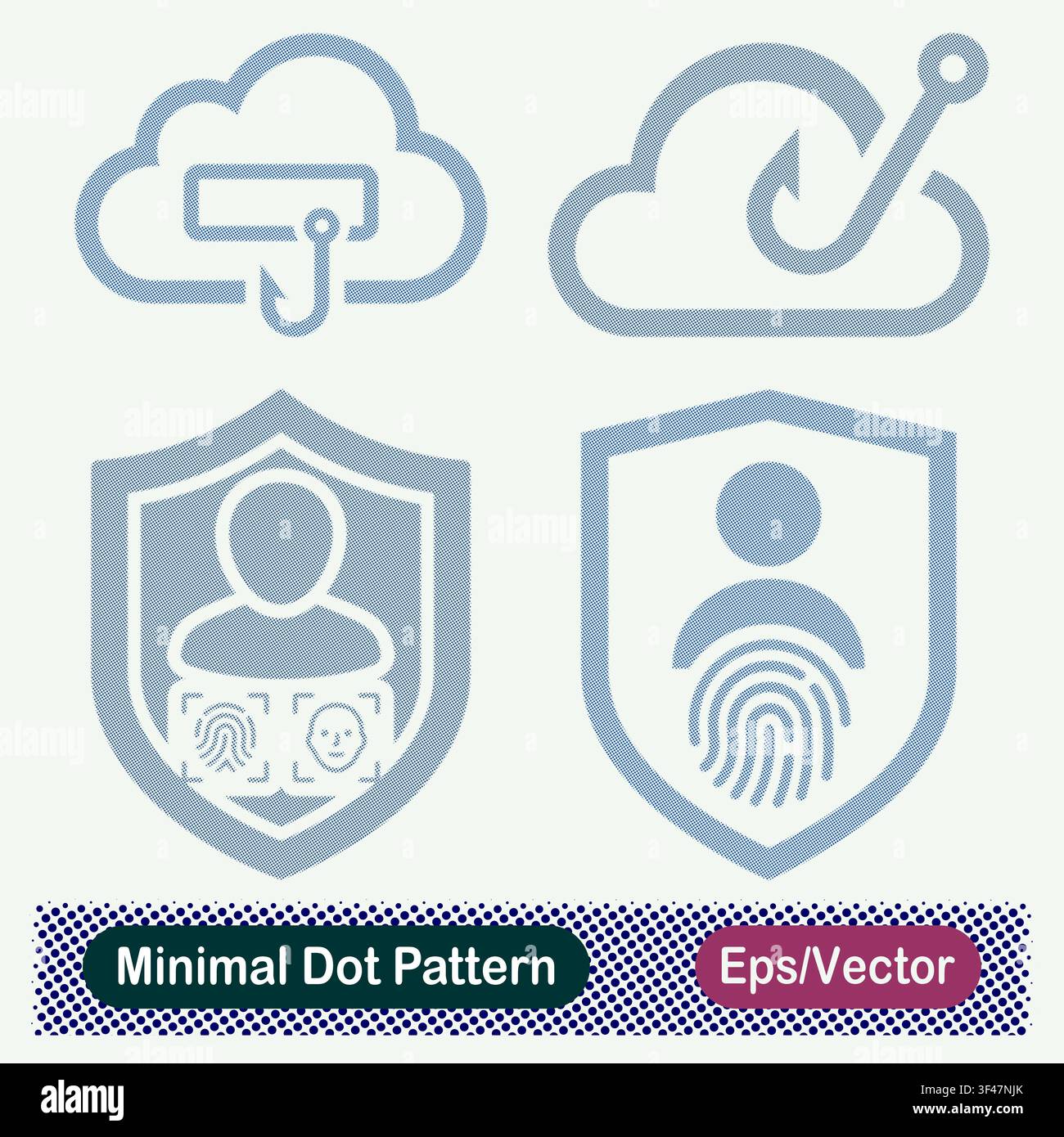 Minimal Dot Pattern Cloud Phishing Data Hook, Cloud Cyber Threat Hook, Biometric User Multi Factor Verification Shield, and User Fingerprint Security Stock Vector