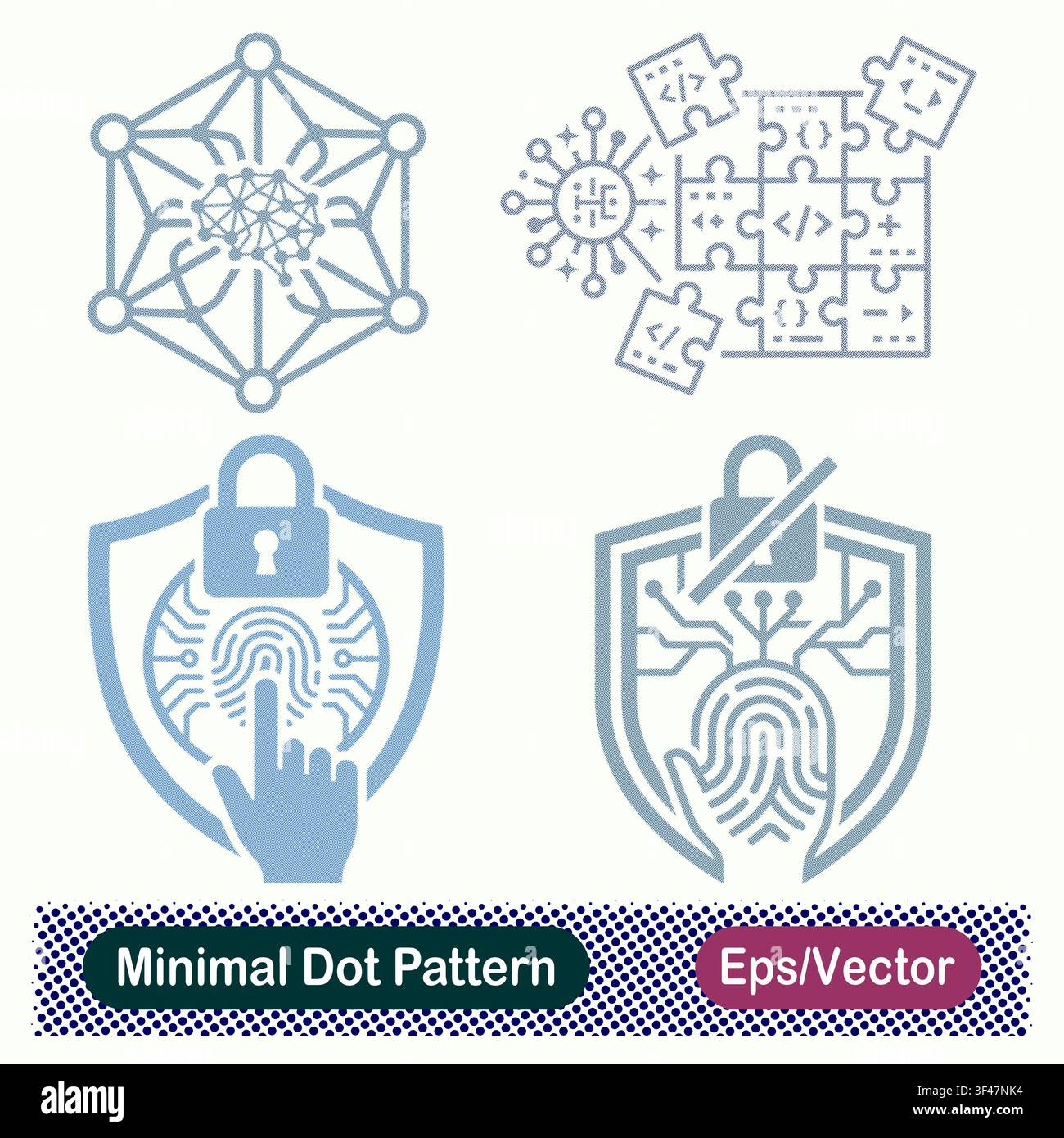 Minimal Dot Pattern AI Brain Neural Mesh Cube, Code Puzzle Modular Algorithm, Biometric Fingerprint Padlock Shield Touch, and Unlocked Fingerprint Stock Vector