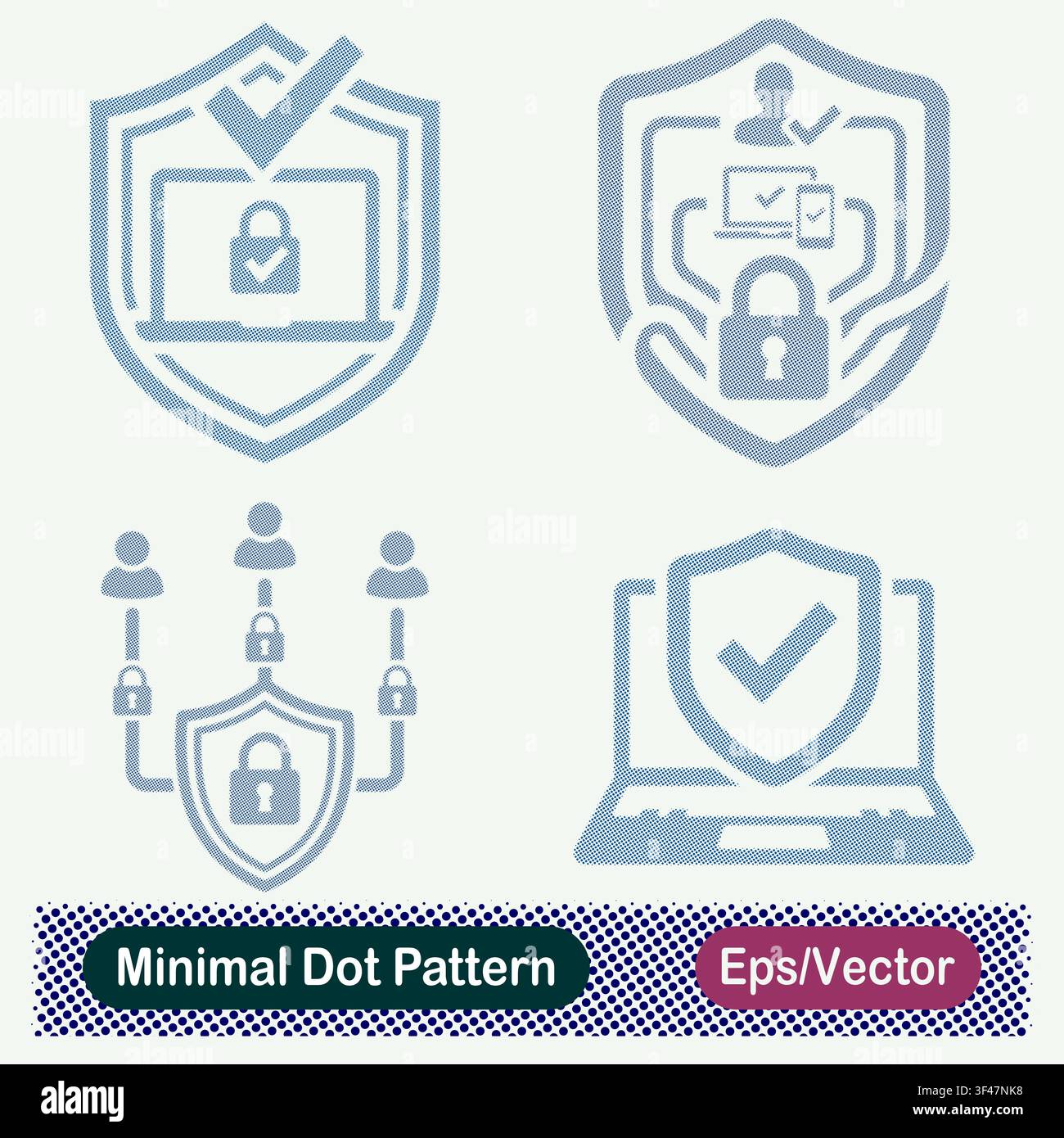 Minimal Dot Pattern Laptop Security Shield Checkmark, Multi Device User Authorization Protection Shield, Access Control User Network Security Shield, Stock Vector