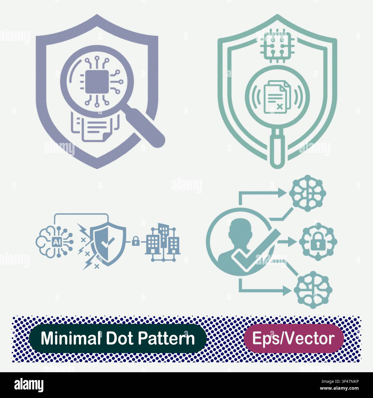 Minimal Dot Pattern AI Microchip Hardware Security Audit Shield, Data Document Scan, Artificial Intelligence Cyber Defense, and Verified User Access Stock Vector