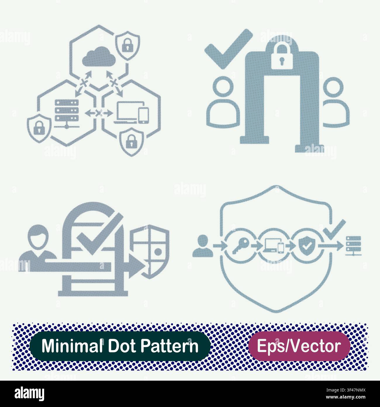 Minimal Dot Pattern Zero Trust Hexagonal Mesh Network Security, Biometric Access Gate Check, Verified Identity Archway Shield, and Multi Factor Auth. Stock Vector