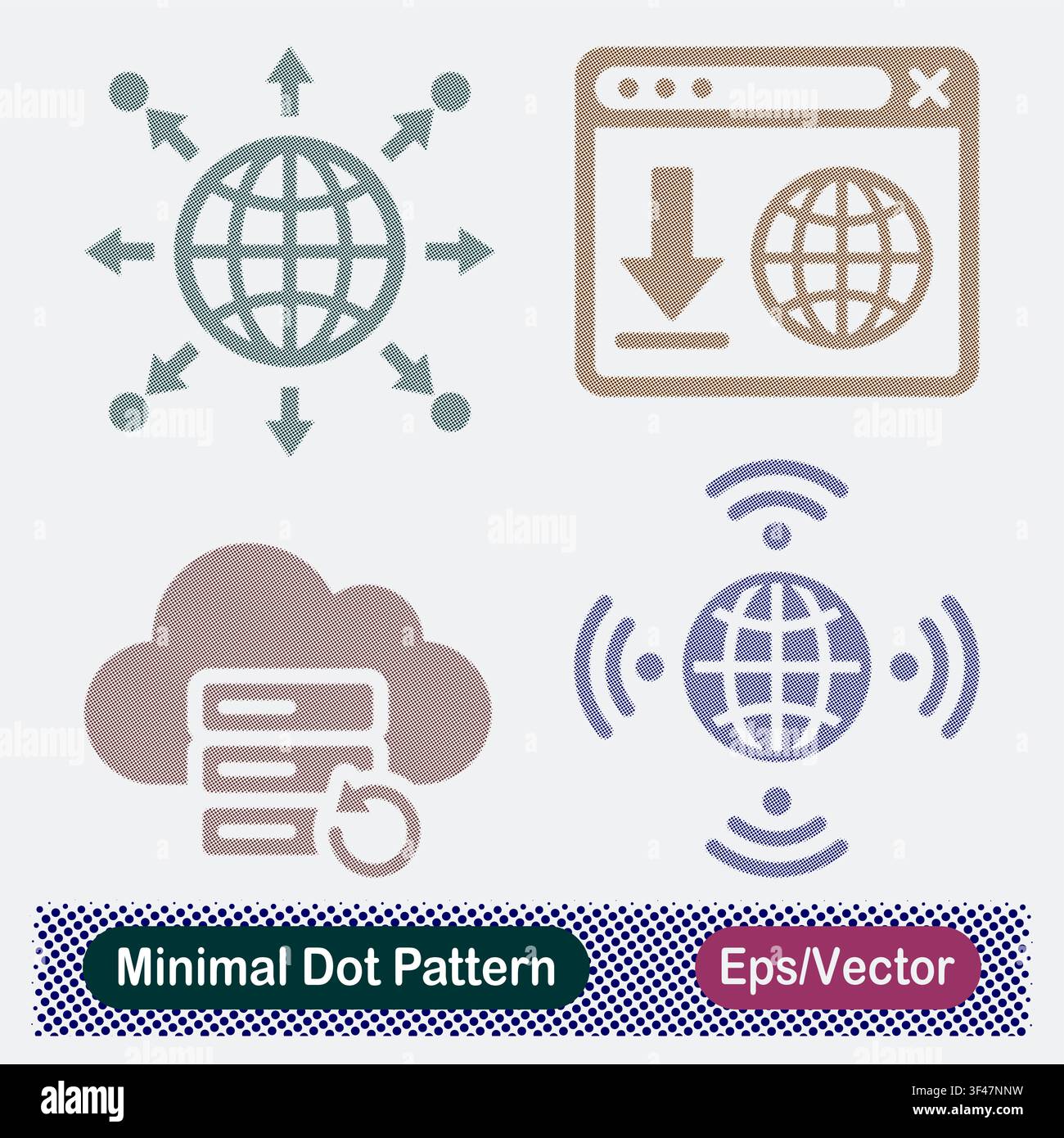 Minimal Dot Pattern Global Content Distribution Network, Web Browser Data Download, Cloud Server Database Sync Refresh, and Wireless Global Comm. Stock Vector