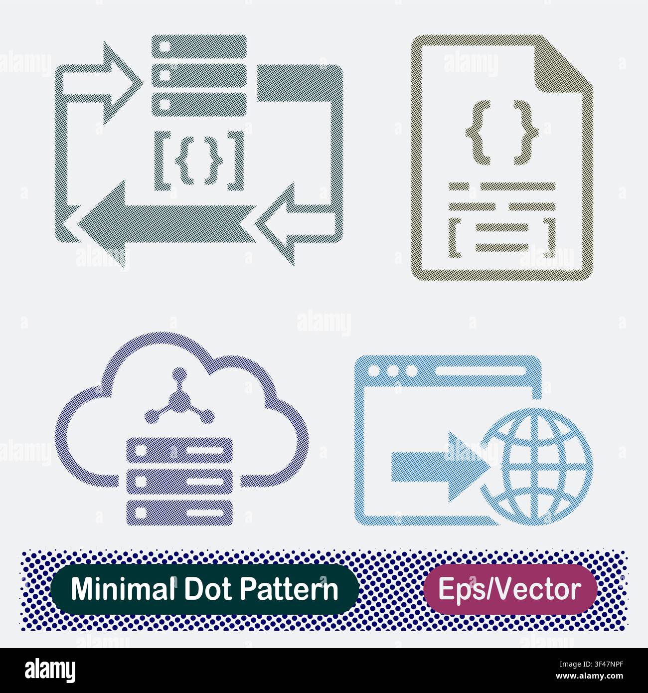 Minimal Dot Pattern Server Script Exchange Loop, Code File Document, Cloud Node Database Server, and Web Browser Global Network Transfer Vector Icons Stock Vector