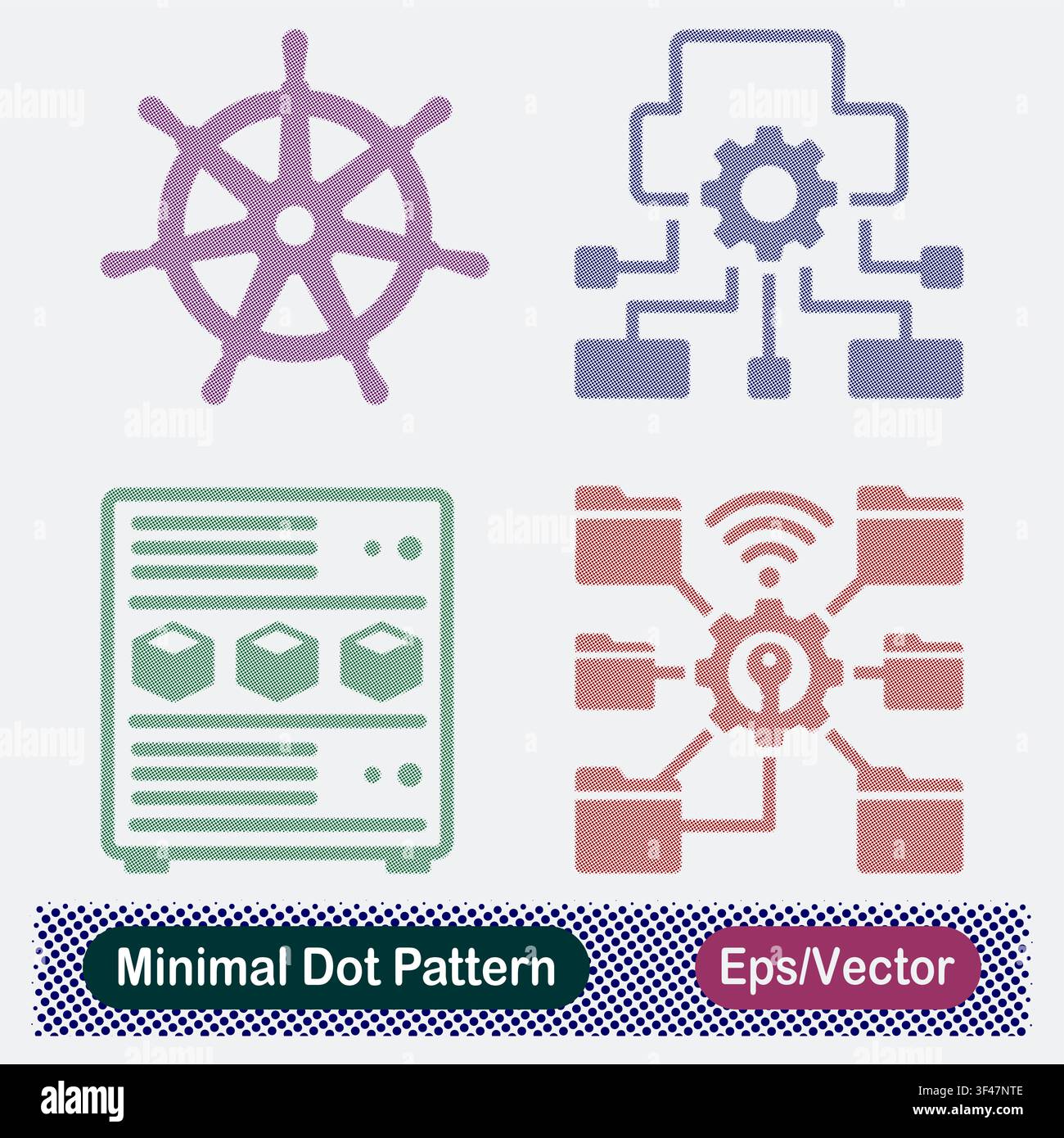 Minimal Dot Pattern Kubernetes Helm Steering Wheel, System Workflow Gear Network, Container Server Rack Storage, and Wireless Shared Folder Management Stock Vector