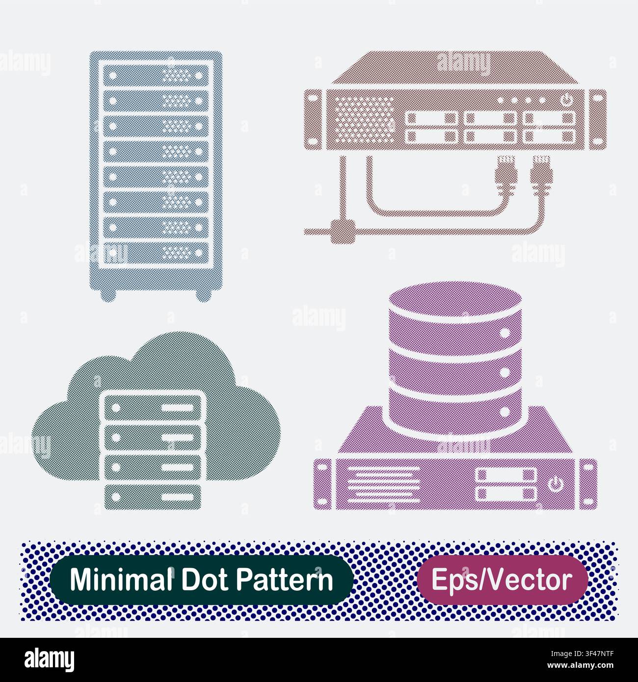 Minimal Dot Pattern Server Rack Tower, Network Switch Hardware, Cloud Server Storage, and Database Server Hardware Vector Icons Set Stock Vector