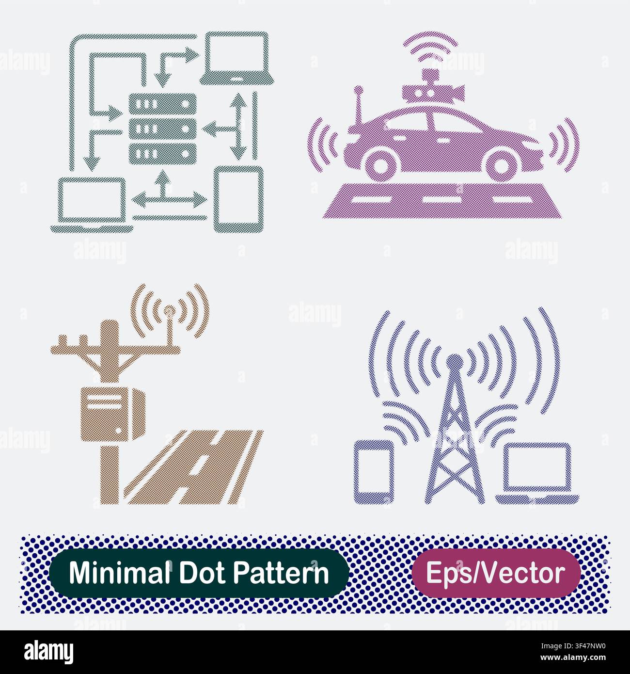 Minimal Dot Pattern Multi Device Server Network, Autonomous Smart Car Sensor, Roadside Telecommunication Utility Pole, and 5G Cell Tower Vector Icons Stock Vector
