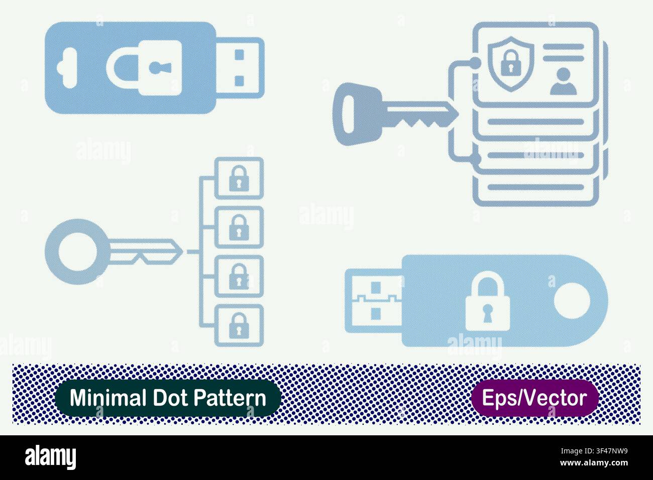 Minimal Dot Pattern Encrypted USB Flash Drive, Master Key Access Control, Security Key Authorization, and Hardware Security Dongle Vector Icons Set Stock Vector