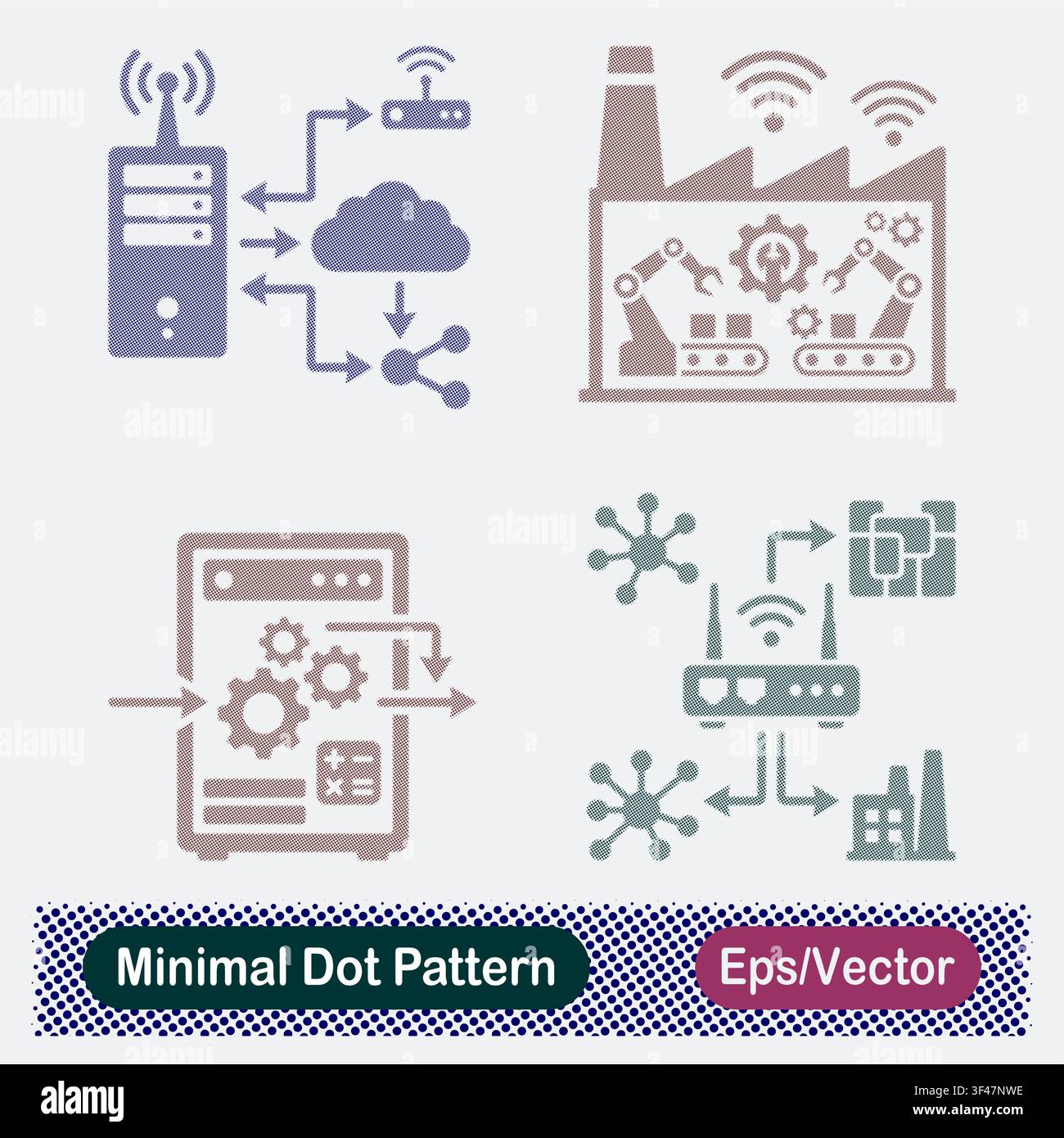 Minimal Dot Pattern Server Cloud Network Routing, Smart Factory Industrial IoT, Server Data Processing Gears, and Wireless Network Gateway Vector Icon Stock Vector