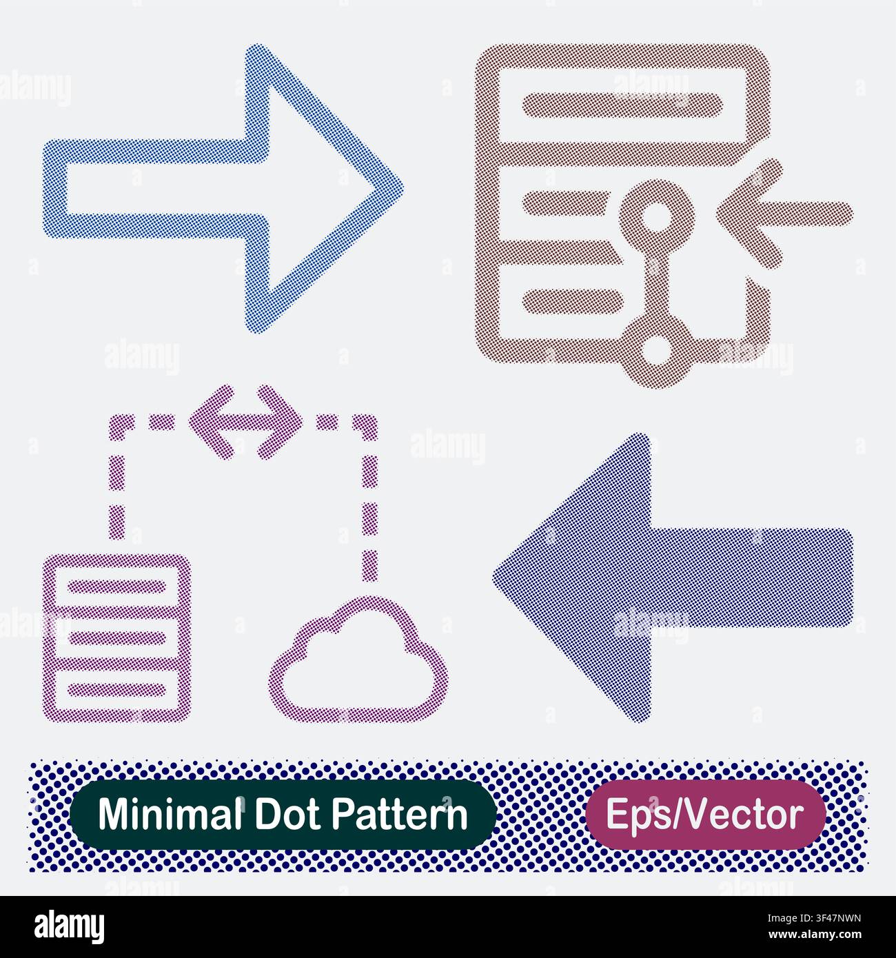 Minimal Dot Pattern Right Arrow, Server Data Point Selection, Hybrid Cloud Server Connection, and Left Arrow Vector Icons Set Stock Vector