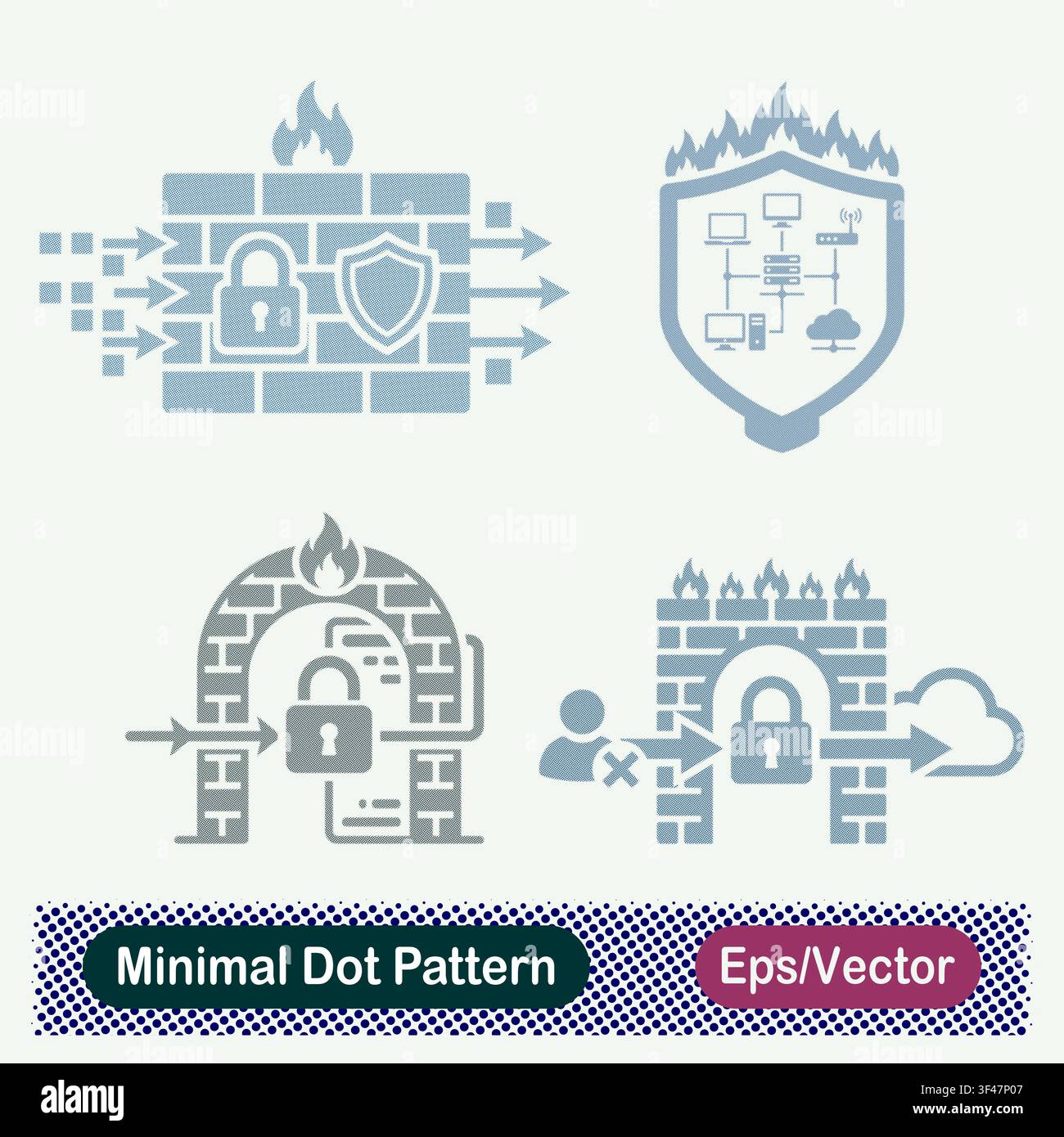 Minimal Dot Pattern Firewall Data Security, Protected Network Shield, Secure Gateway Arch, and Cloud Access Control Vector Icons Set Stock Vector