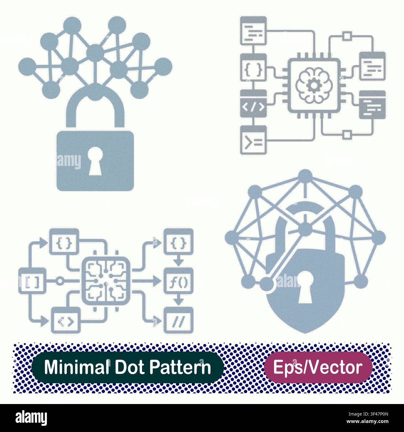 Minimal Dot Pattern Secure Neural Network Padlock, AI Brain Chip Microprocessor, Algorithm Data Flow, and Encrypted Mesh Network Shield Vector Icons Stock Vector