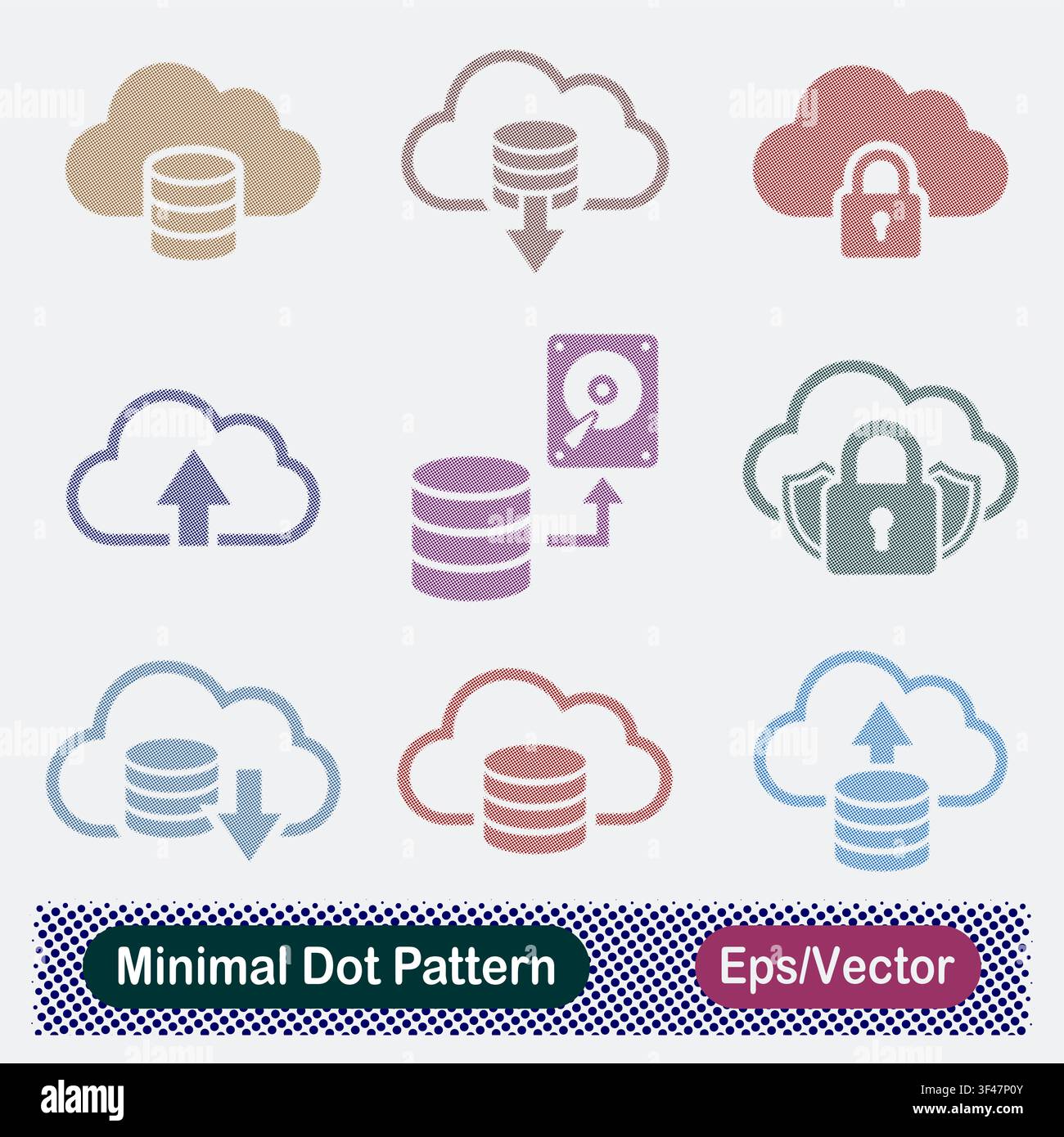 Minimal Dot Pattern Cloud Database, Data Upload Download, Encrypted Storage, Hard Drive Backup, and Secure Cloud Vector Icons Set Stock Vector