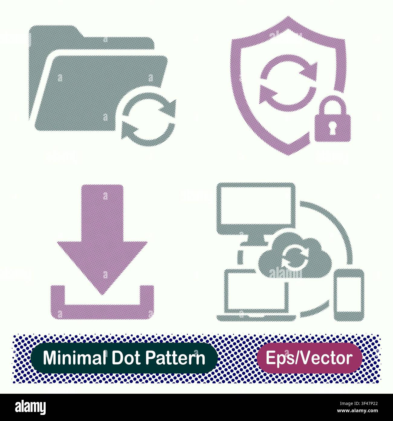 Minimal Dot Pattern Folder Sync, Secure Shield Lock, Download Arrow, and Multi Device Cloud Synchronization Vector Icons Set Stock Vector