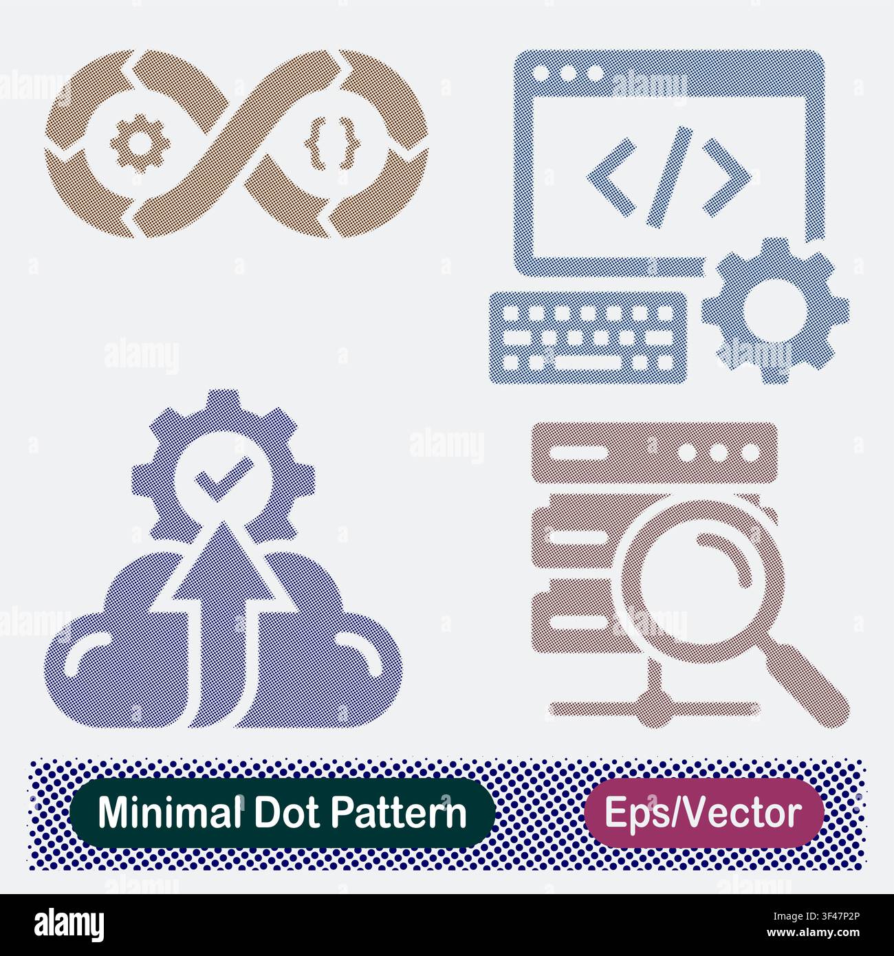 Minimal Dot Pattern DevOps Infinity Loop, Web Coding Programming, Cloud Processing Upgrade, and Server Inspection Vector Icons Set Stock Vector