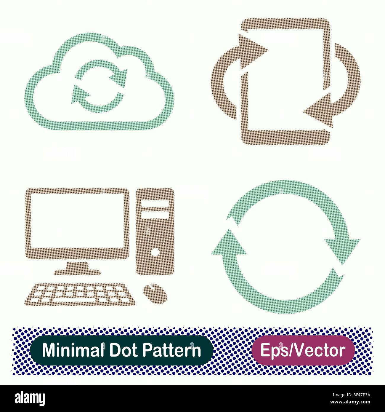 Minimal Dot Pattern Cloud Sync, Mobile Screen Rotation Sync, Desktop Computer Workstation, and Refresh Arrows Vector Icons Set Stock Vector