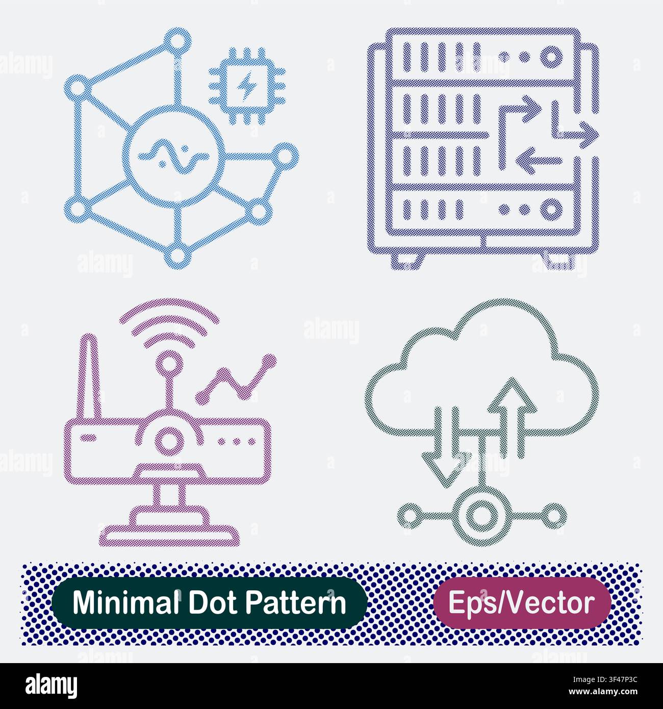 Minimal Dot Pattern AI Neural Network Processor, Server Data Routing, Wireless Router Gateway, and Cloud Network Transfer Vector Icons Set Stock Vector