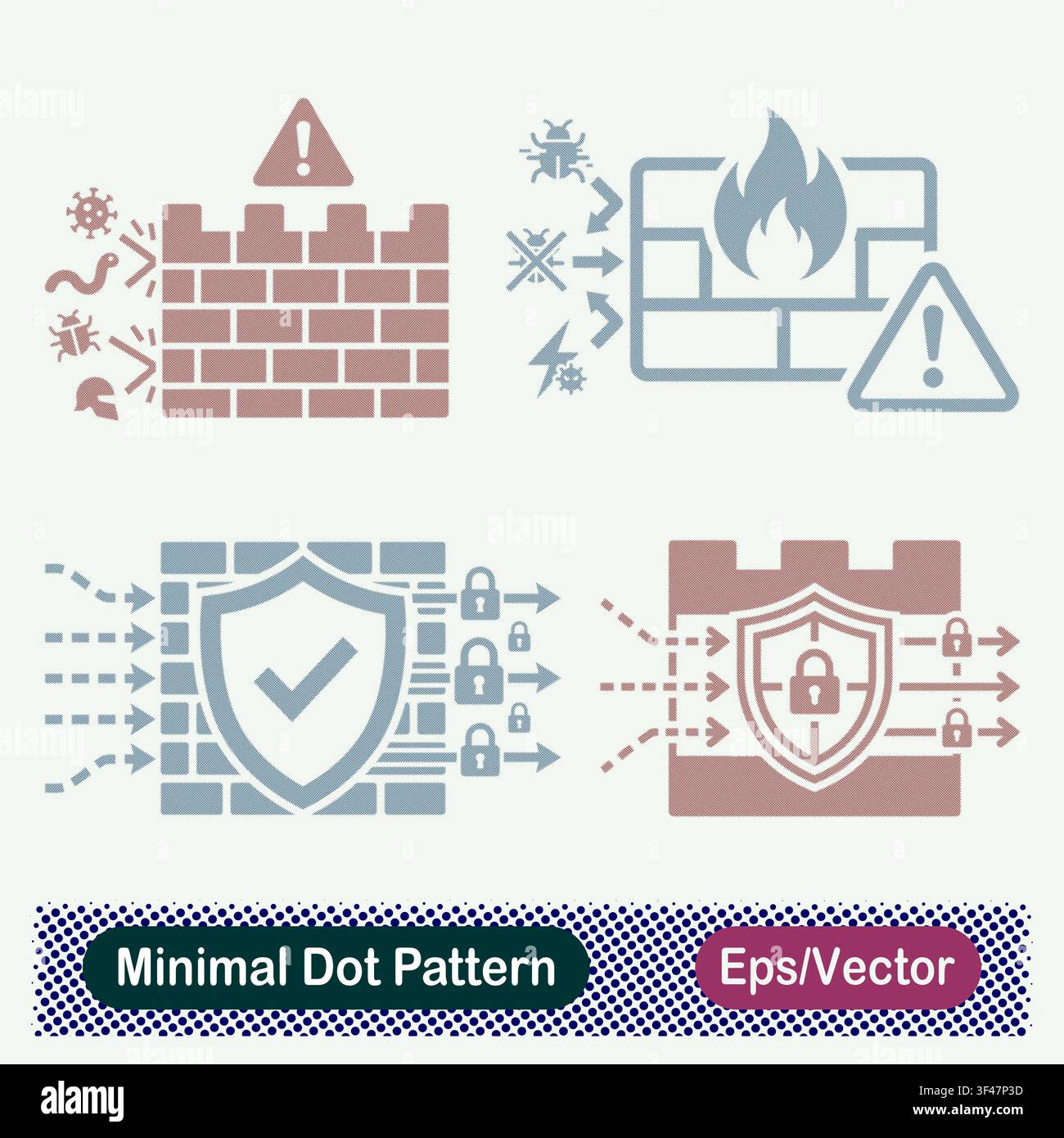 Minimal Dot Pattern Firewall Malware Attack, Network Defense Alert, Secure Data Filtering, and Protected Gateway Vector Icons Set Stock Vector