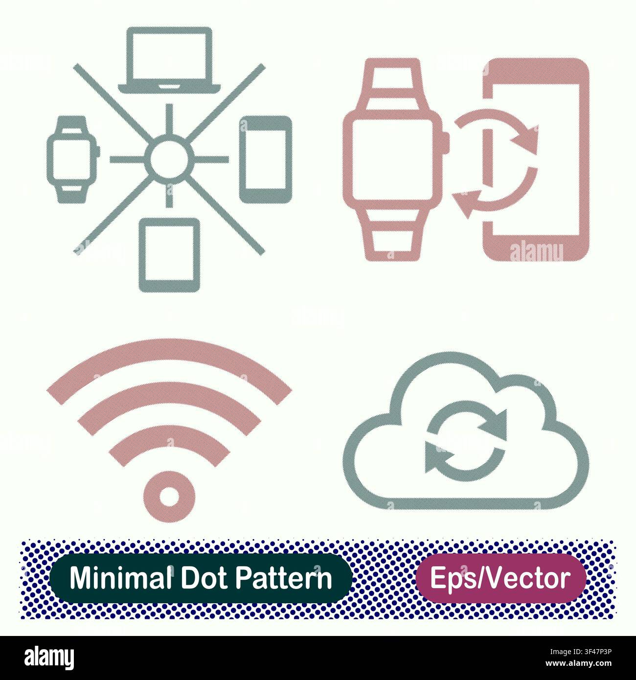 Minimal Dot Pattern Multi Device Network Hub, Smartwatch Phone Sync, Wifi Signal, and Cloud Synchronization Vector Icons Set Stock Vector