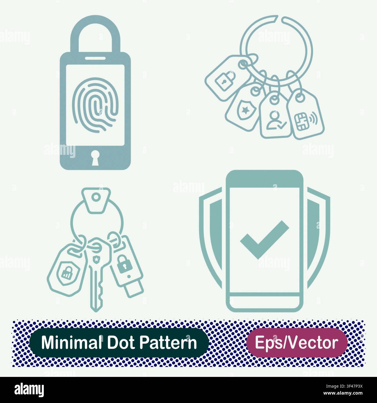 Minimal Dot Pattern Smartphone Biometric Lock, Key Ring Tags, Security Key Chain, and Mobile Shield Protection Vector Icons Set Stock Vector