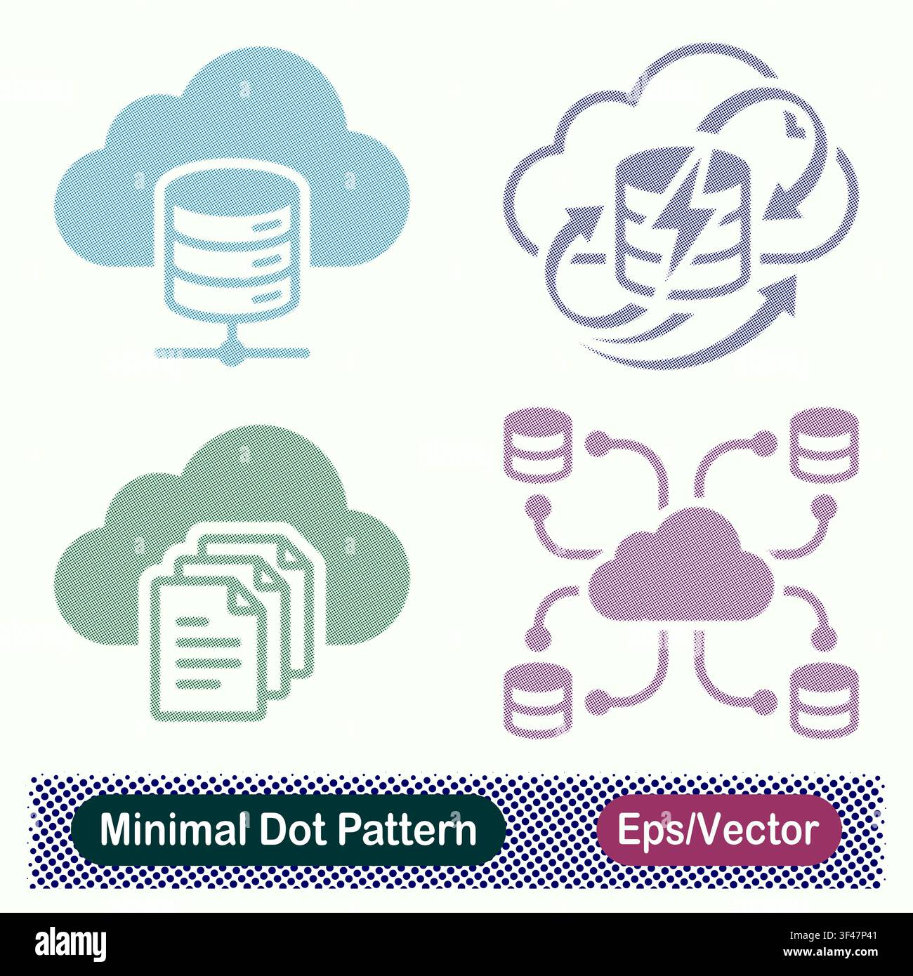 Minimal Dot Pattern Cloud Database Network, Fast Data Processing Sync, Cloud Documents, and Multi Node Database Vector Icons Set Stock Vector