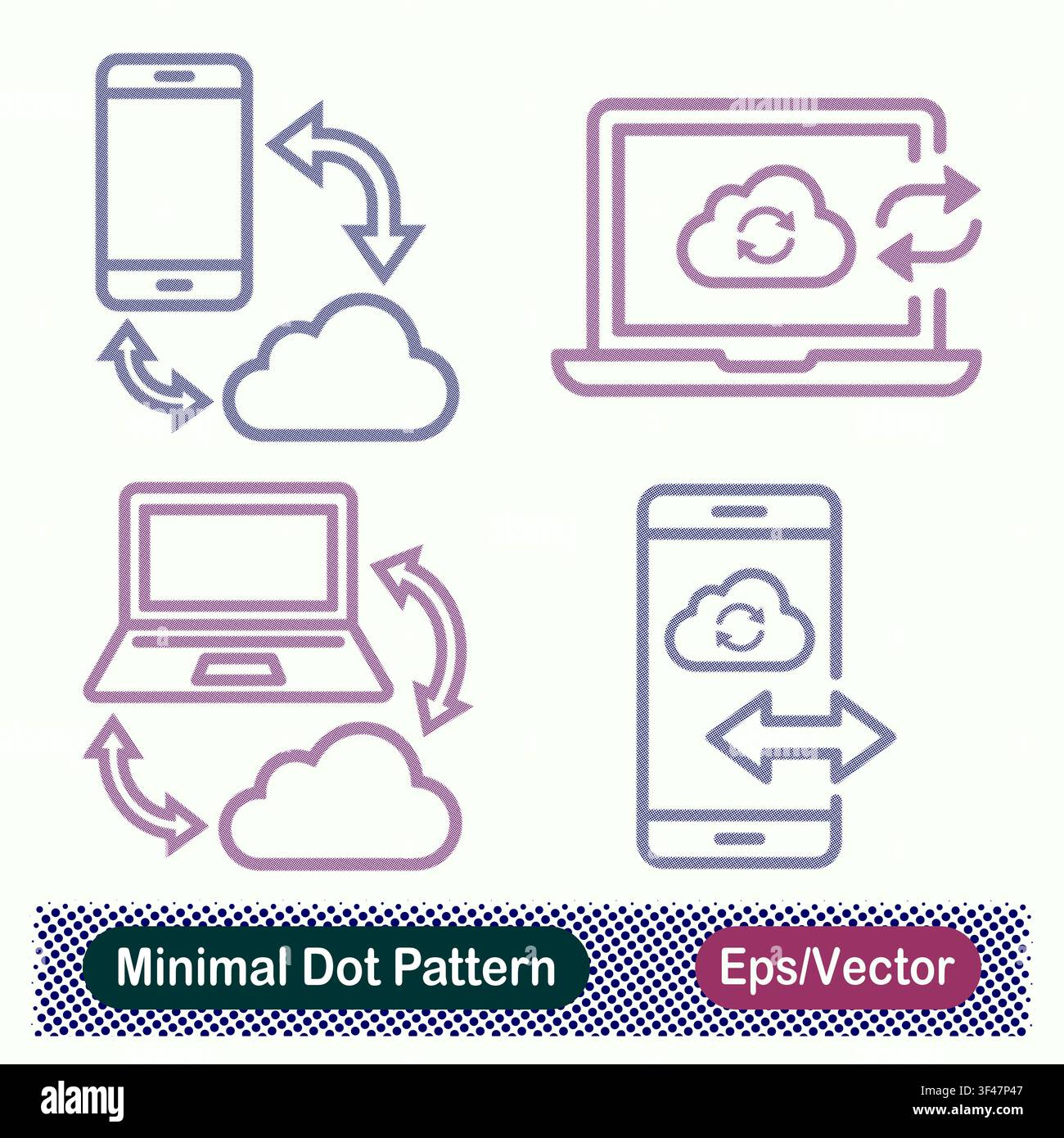 Minimal Dot Pattern Cloud Database, Encrypted Database, Secure Chain Link, and Protected Document Shield Vector Icons Set Stock Vector
