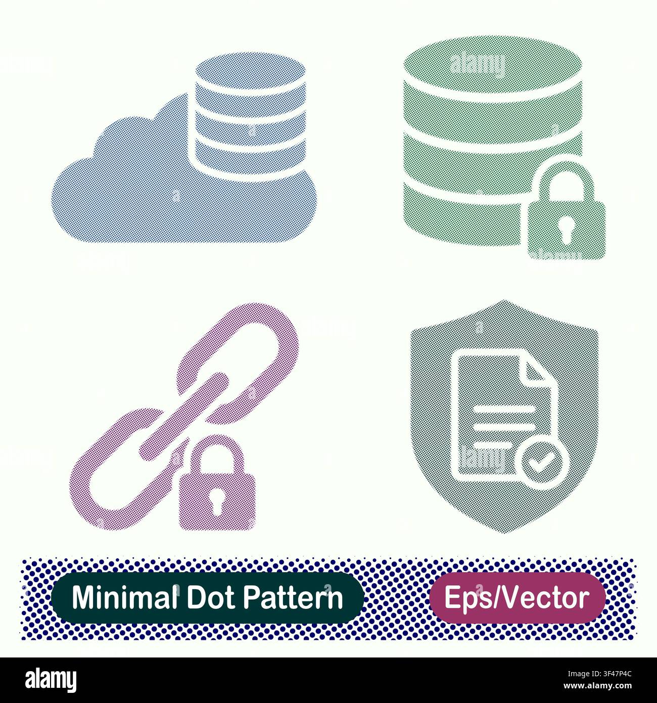 Minimal Dot Pattern Cloud Database, Encrypted Database, Secure Chain Link, and Protected Document Shield Vector Icons Set Stock Vector