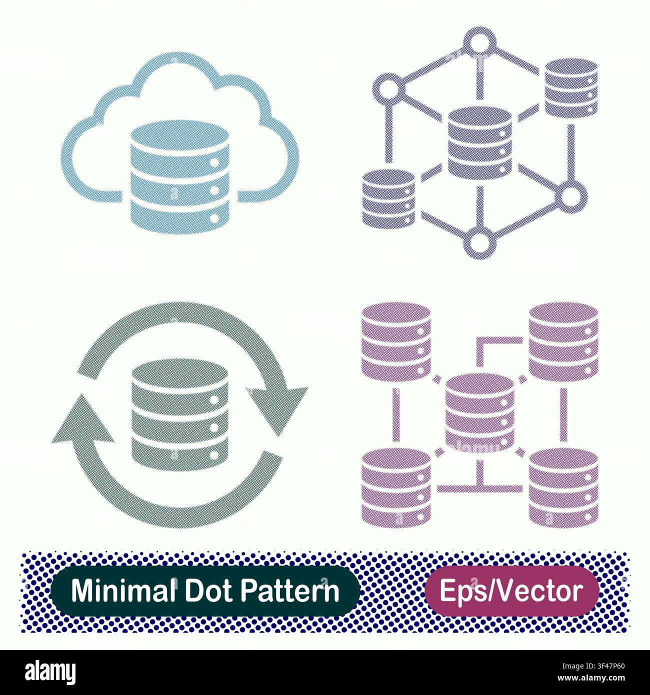 Minimal Dot Pattern Cloud Database, Distributed Database Network, Database Sync, and Server Cluster Vector Icons Set Stock Vector