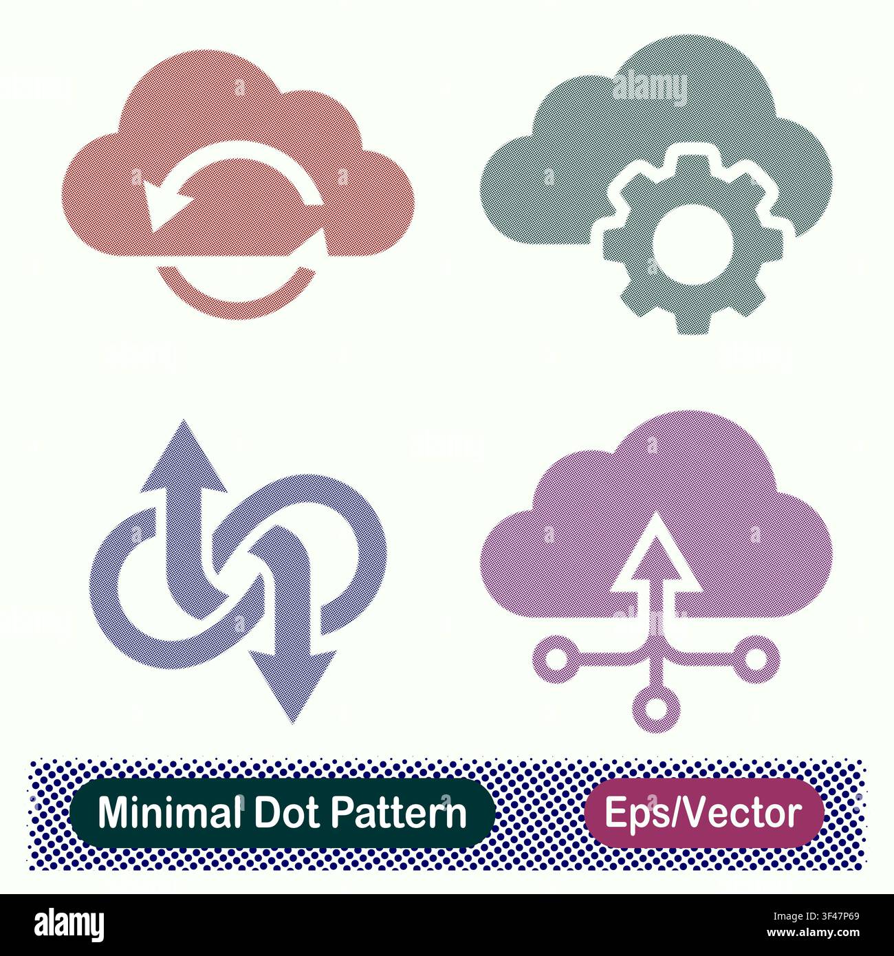 Minimal Dot Pattern Cloud Sync, Cloud Processing Gear, Continuous Flow Arrows, and Cloud Data Upload Vector Icons Set Stock Vector