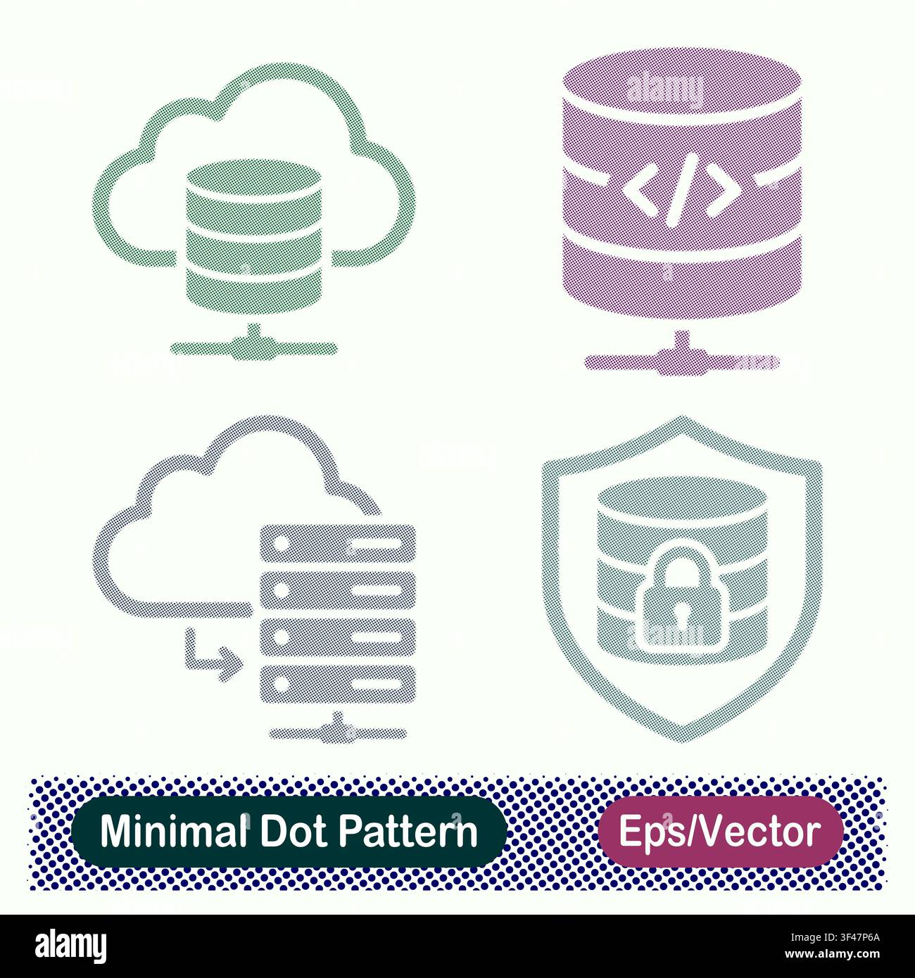 Minimal Dot Pattern Cloud Database Network, Programming Server, Cloud Server Migration, and Secure Database Shield Vector Icons Set Stock Vector