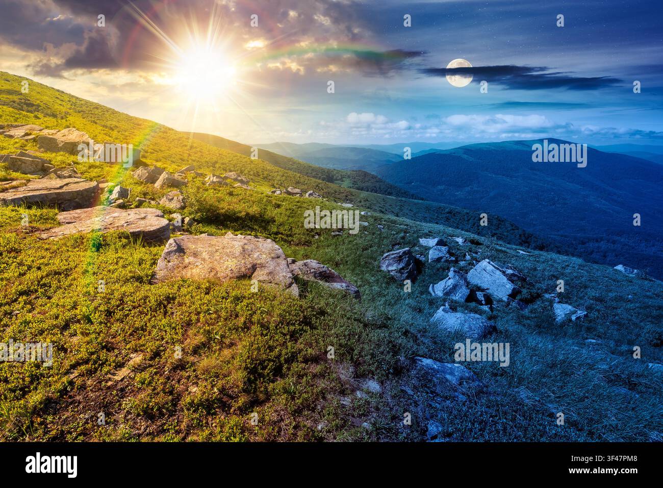 mountain landscape with grass and rock on a slope. day meet night. view in to the distant valley of carpathian mountains. sun and moon in harmony over Stock Photo